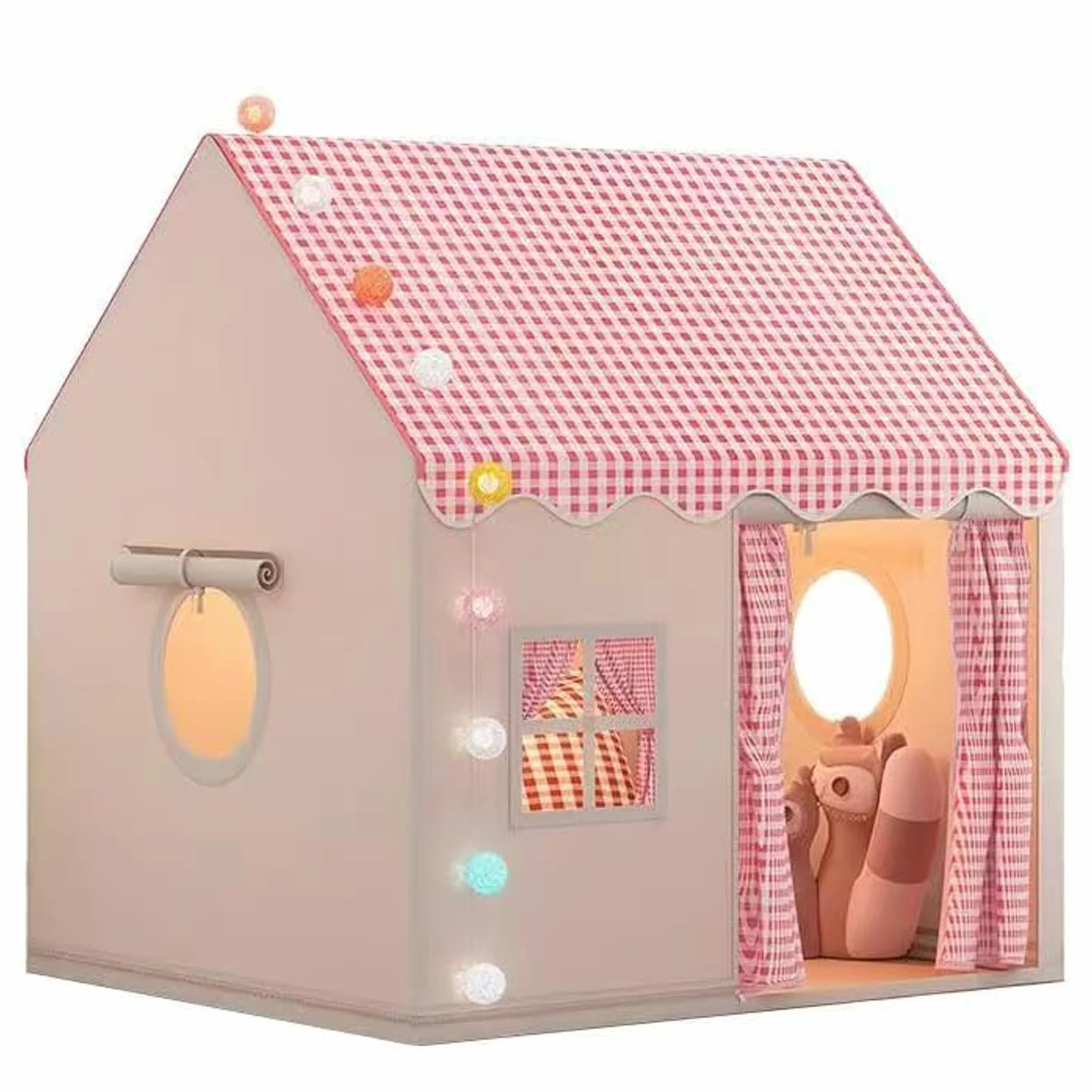 Tienda de Campaña Desplegable Infantil Princesa Rosa con Bolas, Luces y Peluche