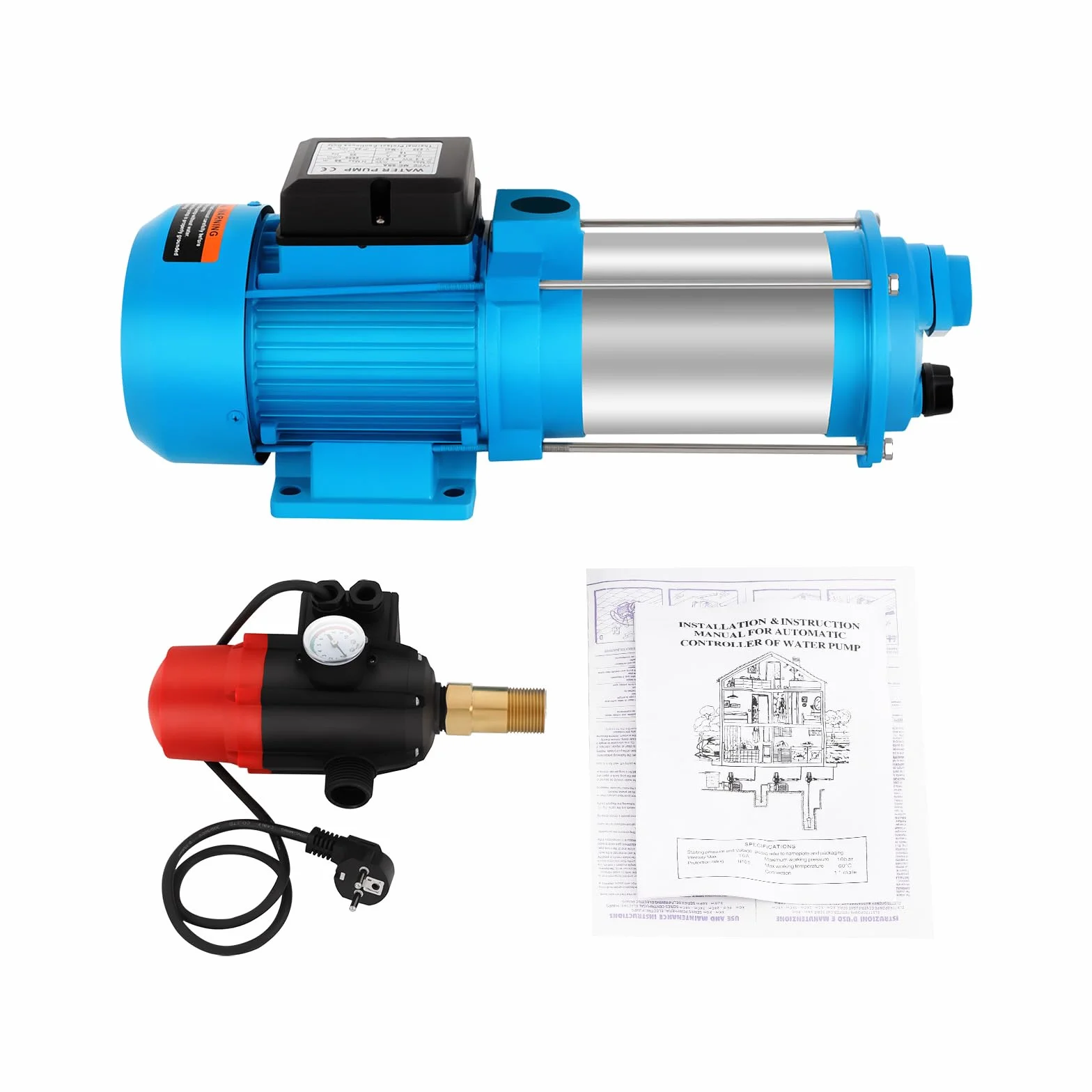 Bomba centrífuga multietapa para jardín, 4000 l/h, 1300 W, bomba de agua, bomba centrífuga, altura de extracción de 98 m, 8,6 bar, presión de succión, altura de 8 m, tornillo de llenado de agua para