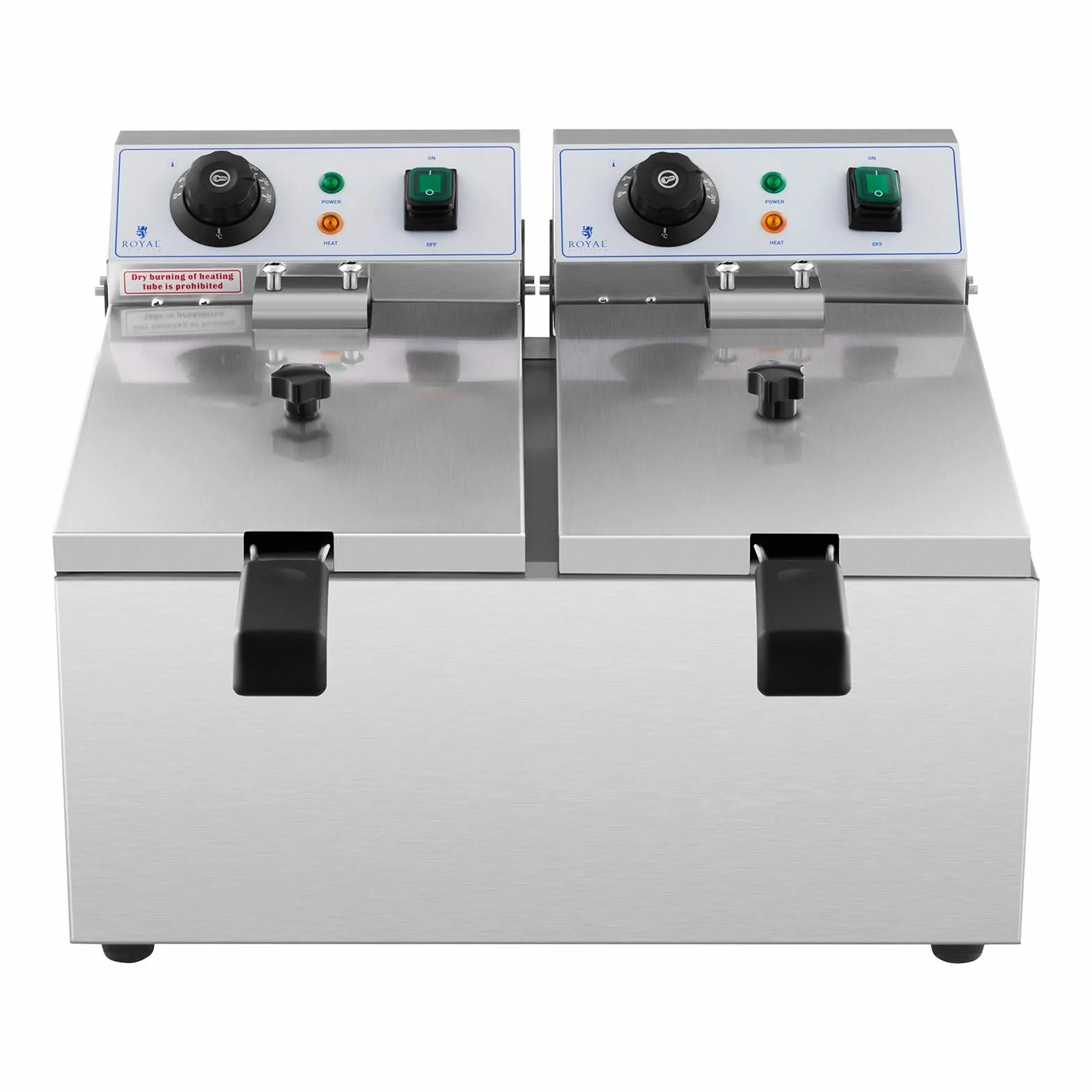 Royal Catering Freidora Electrica Profesional Doble Para Hostelería RCEF 08DB (2 x 8 Litros, Potencia 2 x 3.200 Watt, Temperatura: 50 – 200 °C, Zona Fría, Tapas Incluidas)