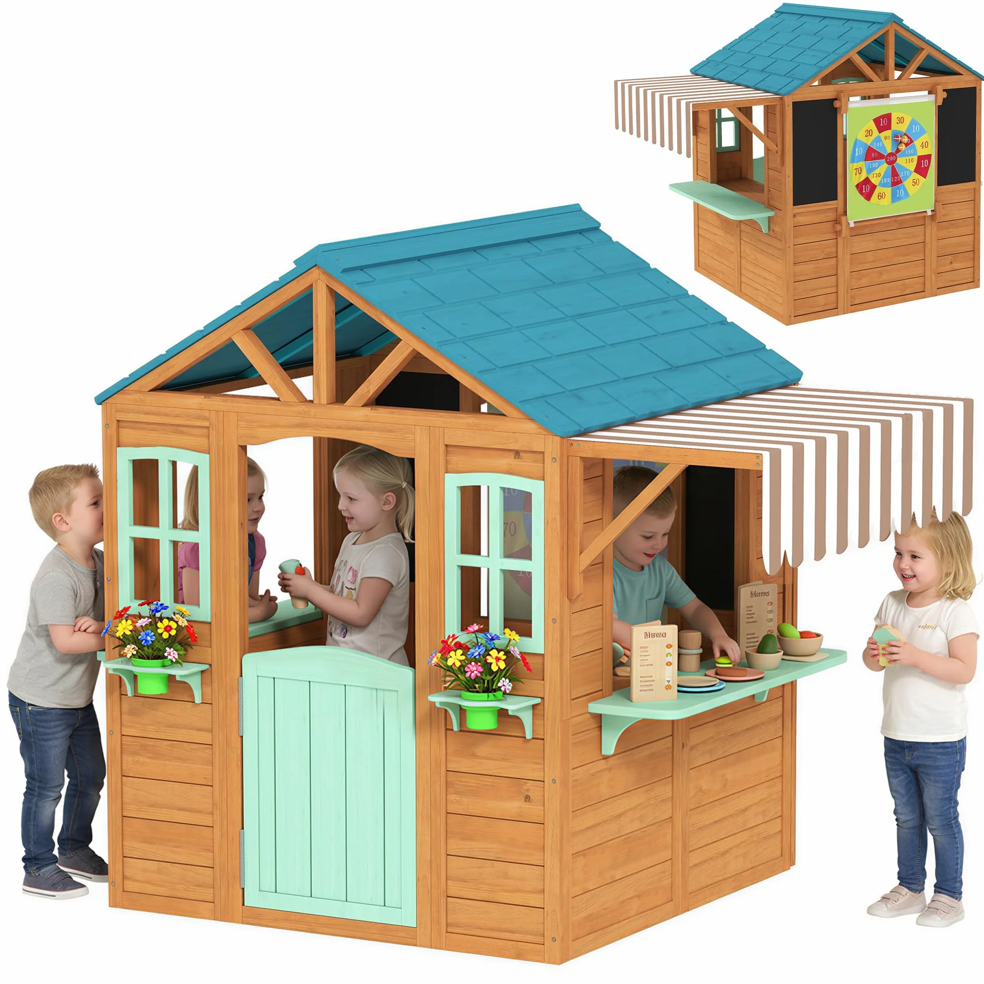 AIYAPLAY Casita Infantil Madera Exterior Interior con Barra Snack Maceteros Pizarra Ventanas Tela Tiro Pelotas Jardín Niños 3-6 Años Multicolor