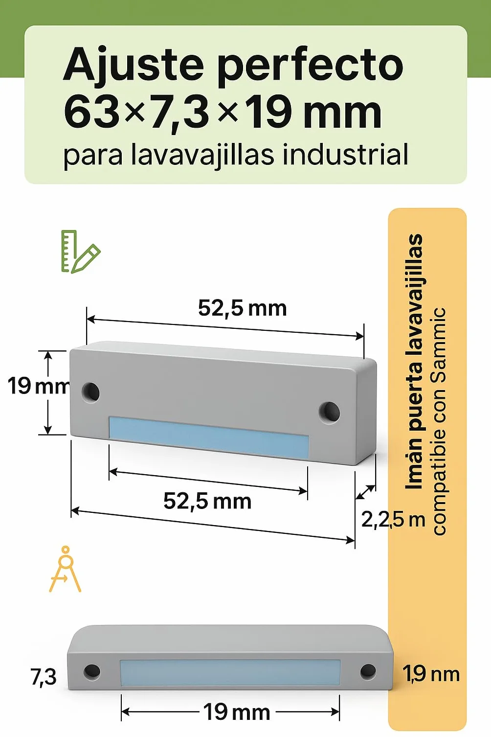 CubetasGastronorm ® Iman Puerta Lavavajillas Compatible Con Sammic SL350B SL550B SL550BP SL290B Elframo D120dgt Bloque Magnetico Cierre 62X18X6 mm Repuesto Tecnico Profesional Hosteleria Pro SL