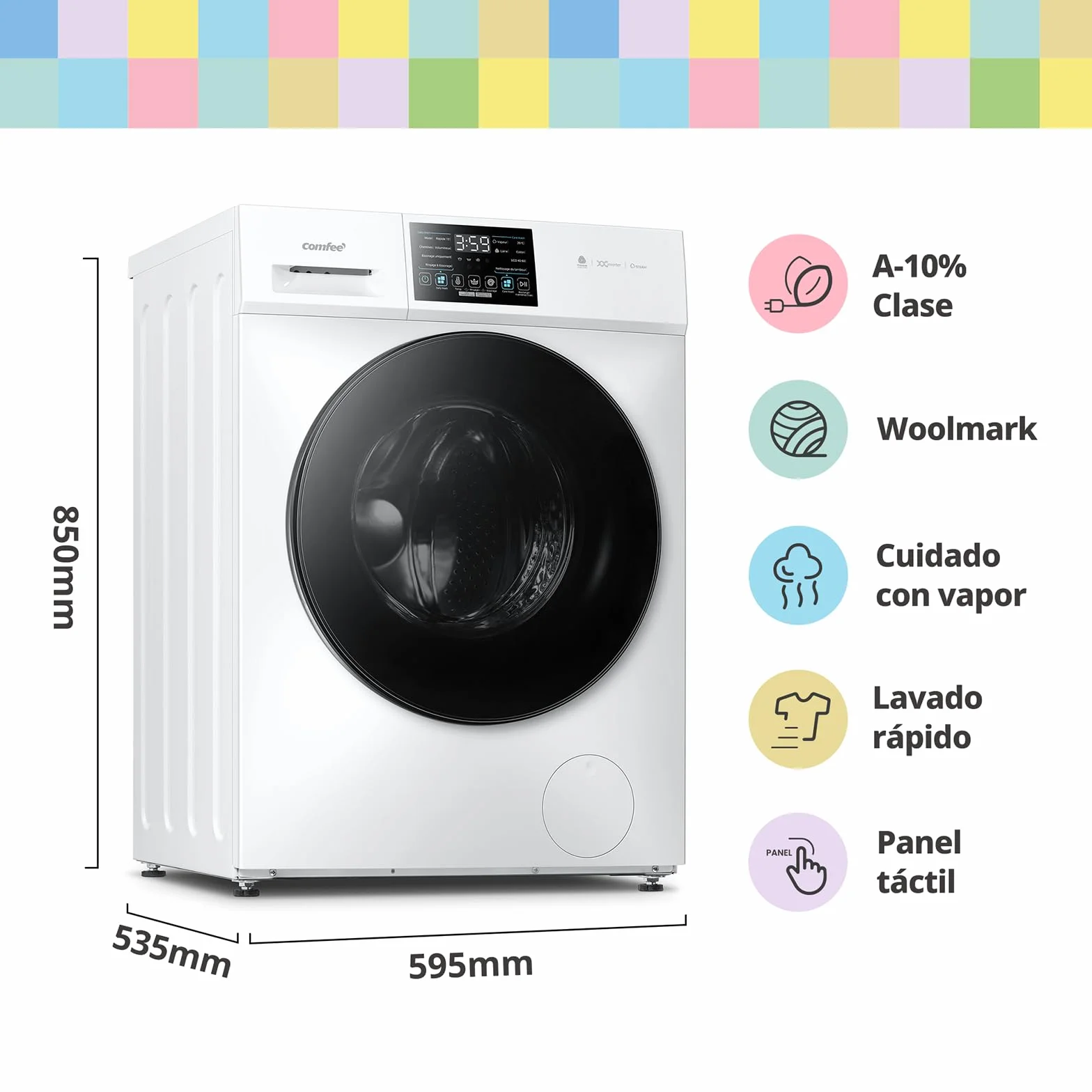 COMFEE' CFP03EW100W-HL Lavadora 10 kg Carga Frontal Clase A Vapor Motor BLDC Panel Táctil Blanco