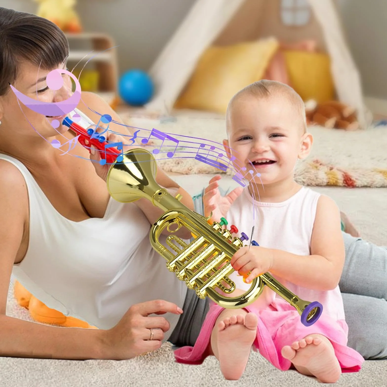 Trompeta para Niños 4 Tonos Instrumento de Viento con 4 Teclas de Colores Juguete Educativo