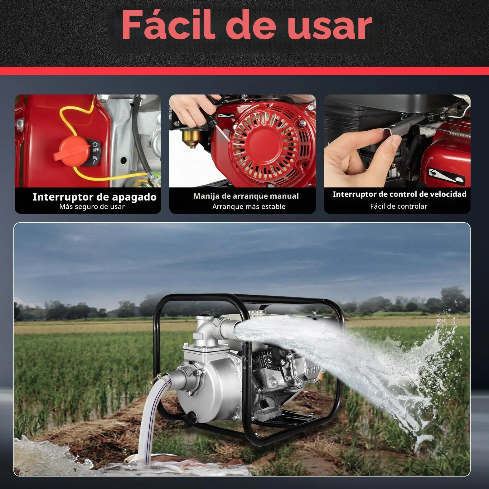 Bomba de agua gasolina 6,5 CV, motor de 4 tiempos 210 cc Motobomba de agua a gasolina, 4,8kW Bomba de jardín 2 pulgadas | Caudal 36 m³/h | elevación: 28 m | succión: 7 m | Riego, Drenaje