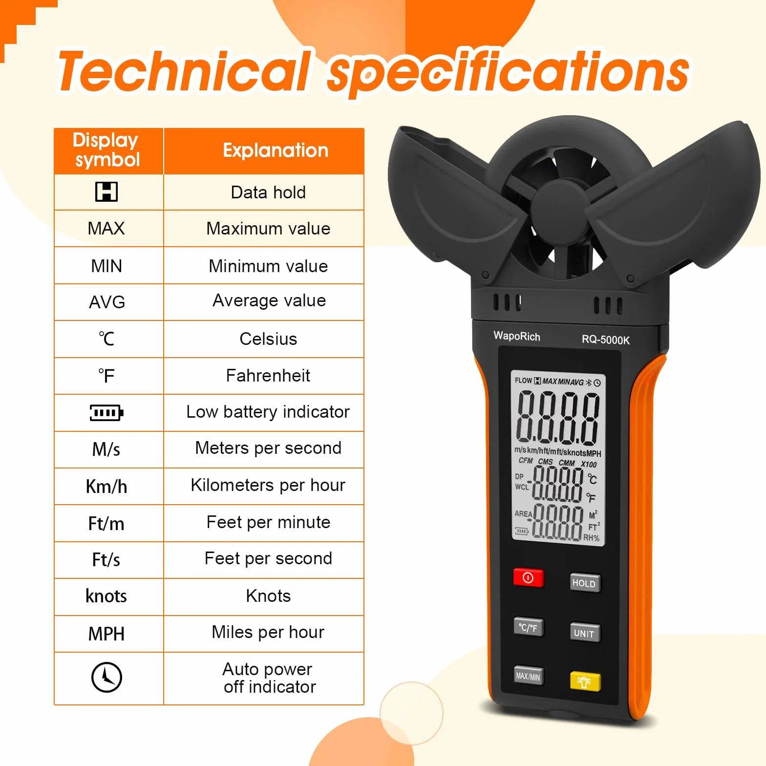 Anemómetro digital WapoRich RQ-5000K portátil medidor velocidad viento humedad temperatura MAX/MIN/AVG