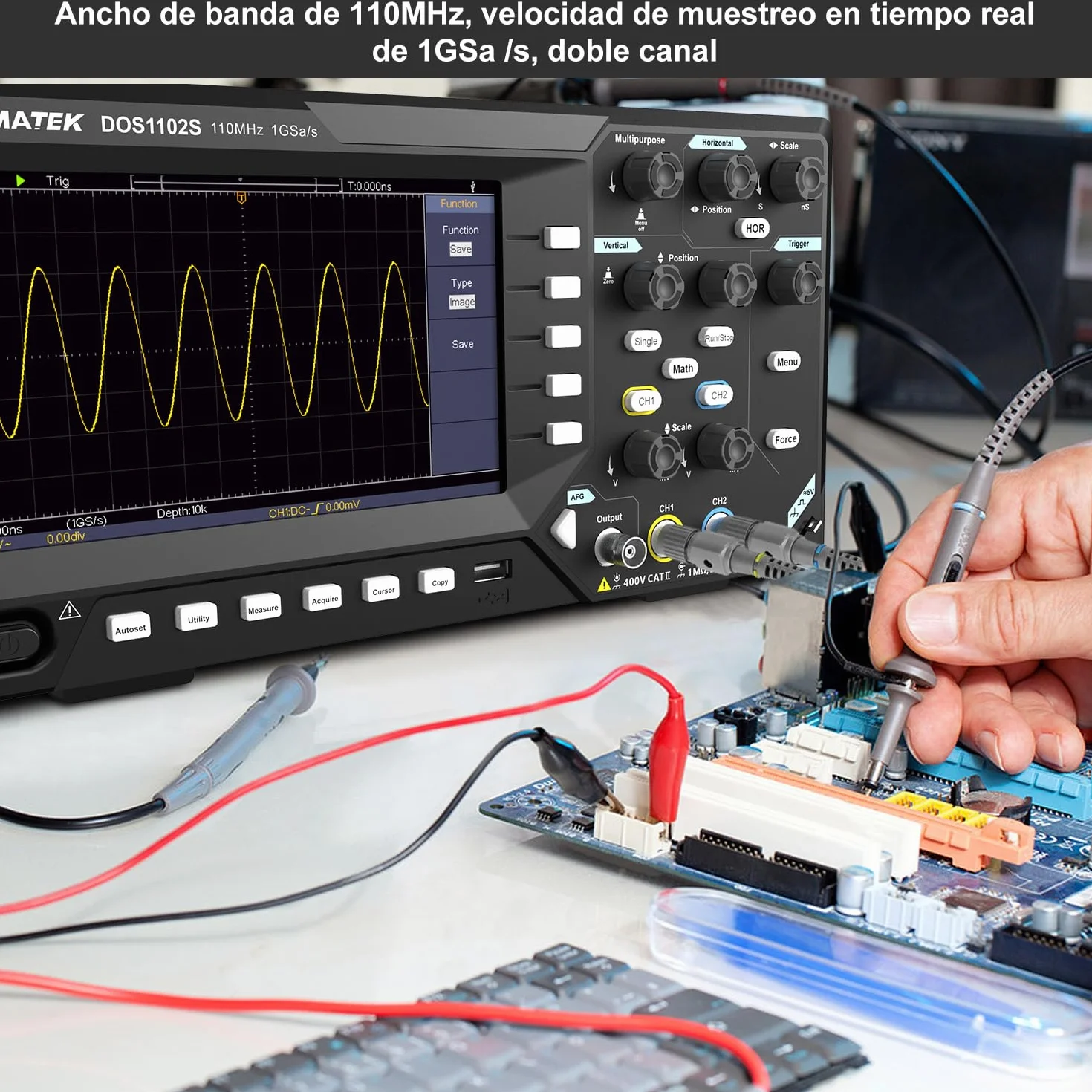 HANMATEK 2 en 1 Osciloscopio Digital Generador de señal DDS DOS1102S con Ancho de Banda de 110 mhz, 2 Canales y Pantalla TFT-LCD, Frecuencia de Muestreo de 500 MS/s *2