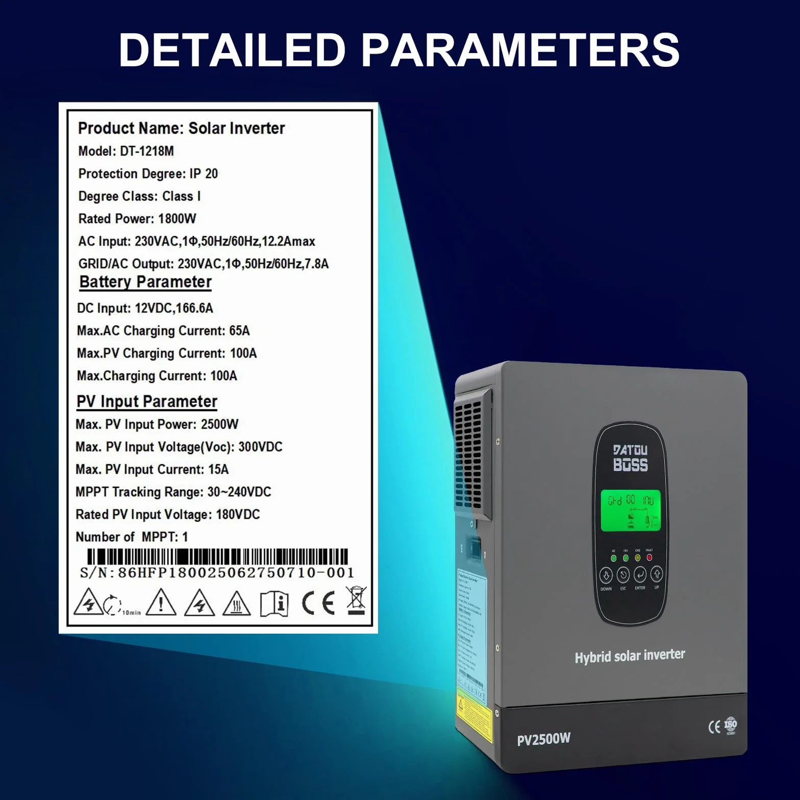 DATOUBOSS 1800W Inversor Solar Híbrido 12V, Onda Pura, Entrada fotovoltaica de 2500W,admite Funcionamiento sin batería, 100A MPPT,admite baterías de 12V.