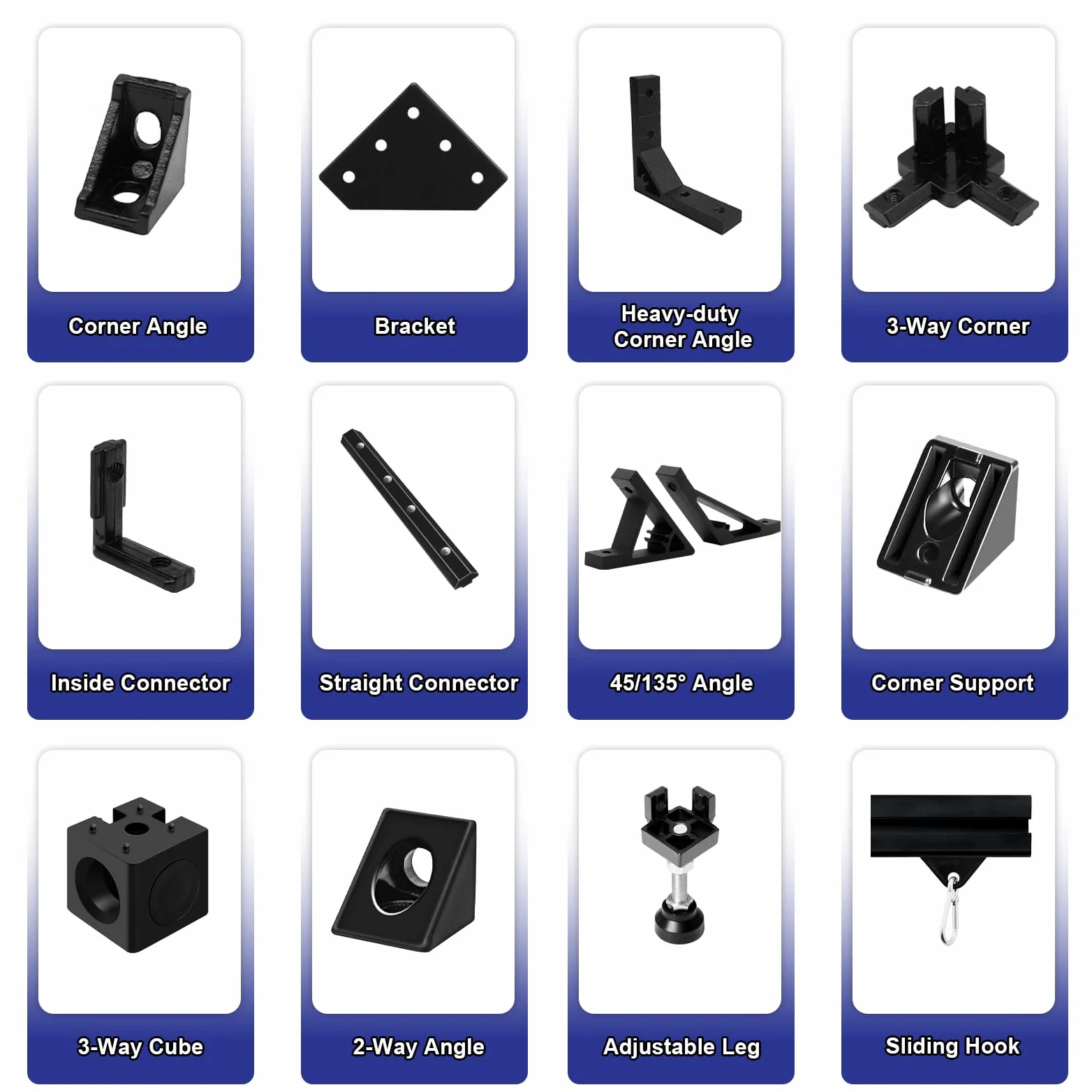 Juego de 8 piezas de extrusión de aluminio con ranura en V 2020 de 700 mm, color negro con soportes de conector 2020 y perfil de aluminio anodizado estándar europeo para piezas de impresora 3D