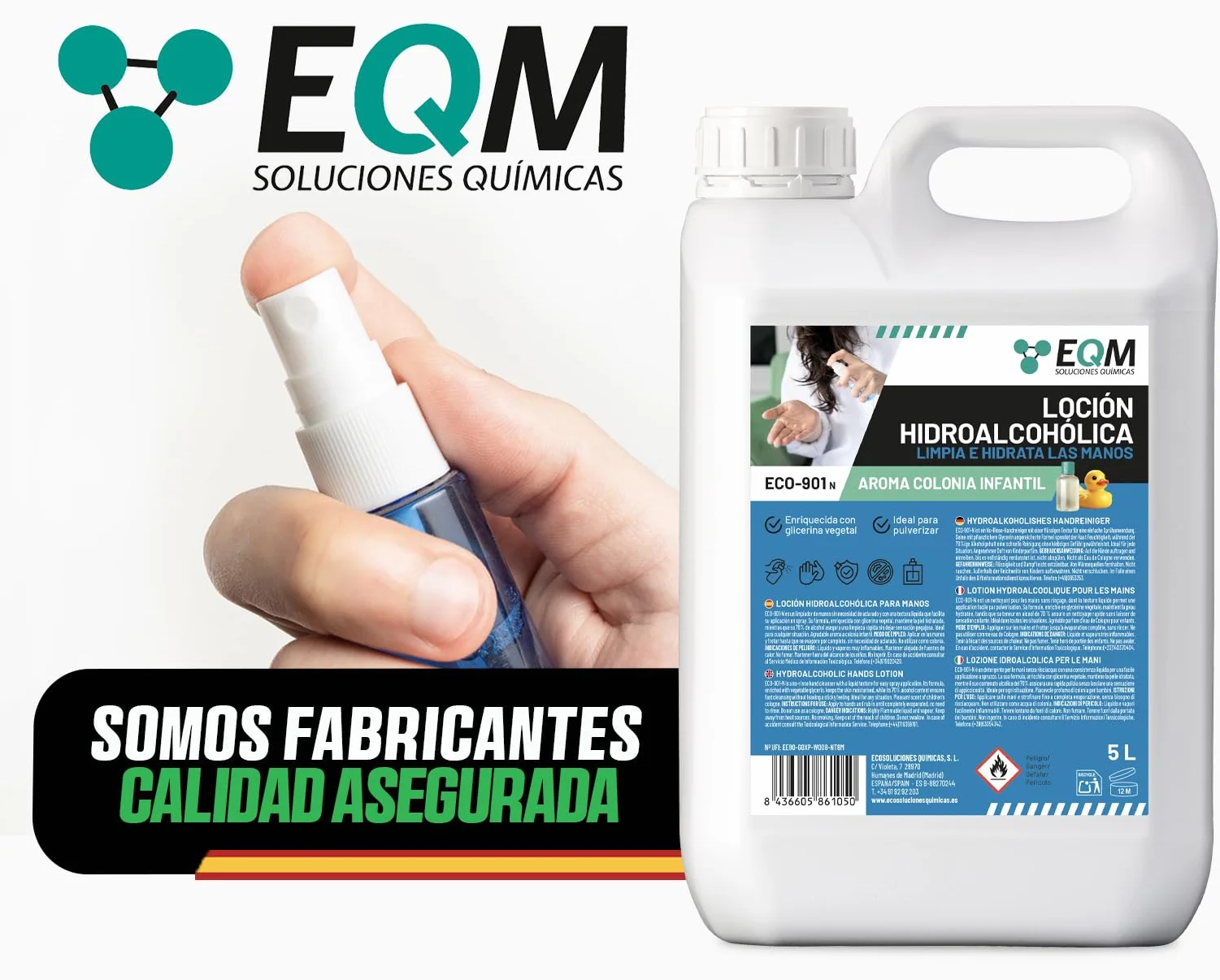 EQM ECO-901N Loción Hidroalcohólica de Manos Perfumada 5L con Glicerina