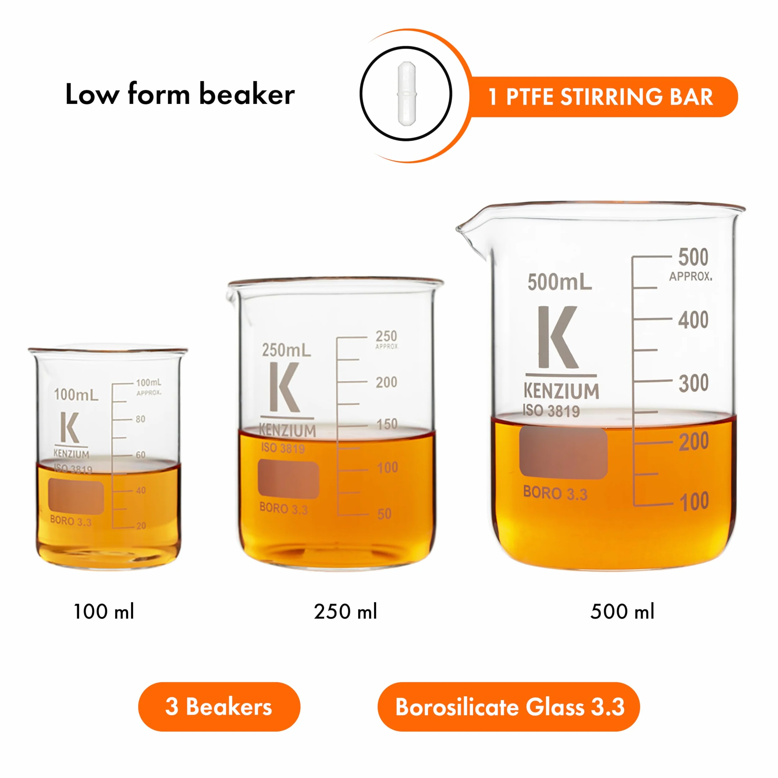 KENZIUM - Pack 3 x Vasos de Precipitados + 1 Varilla Magnética | 100 ml, 250 ml y 500 ml | Vidrio Borosilicato 3.3 | Forma Baja | Graduados, Con Boquilla | Alta Resistencia, Autoclavables