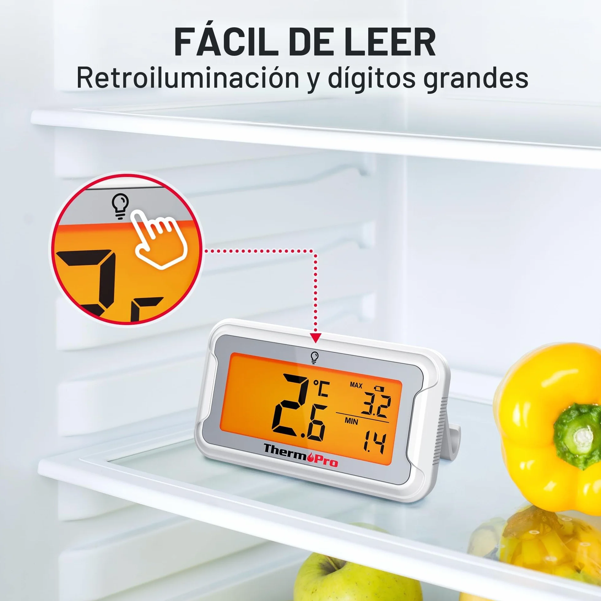 ThermoPro TP110 Termómetro Frigorífico Digital, Nevera y Congelador con Pantalla LCD, Registro MAX/MIN 24h, IPX6 Impermeable
