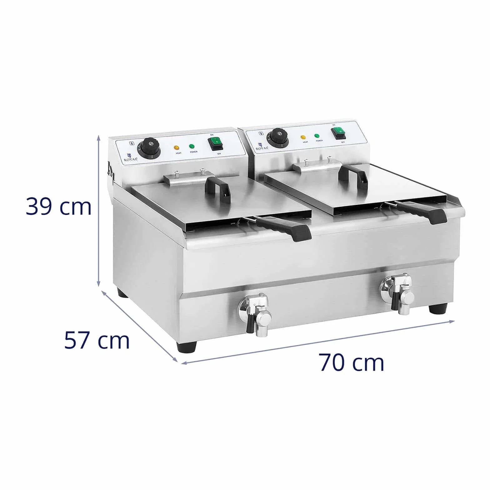 Royal Catering Freidora Electrica Profesional Doble RCEF 16DH-1 (2 x 16 L, 2 x 3 200 Watt, Termostato, 2 Grifos de vaciado, Acero inoxidable)