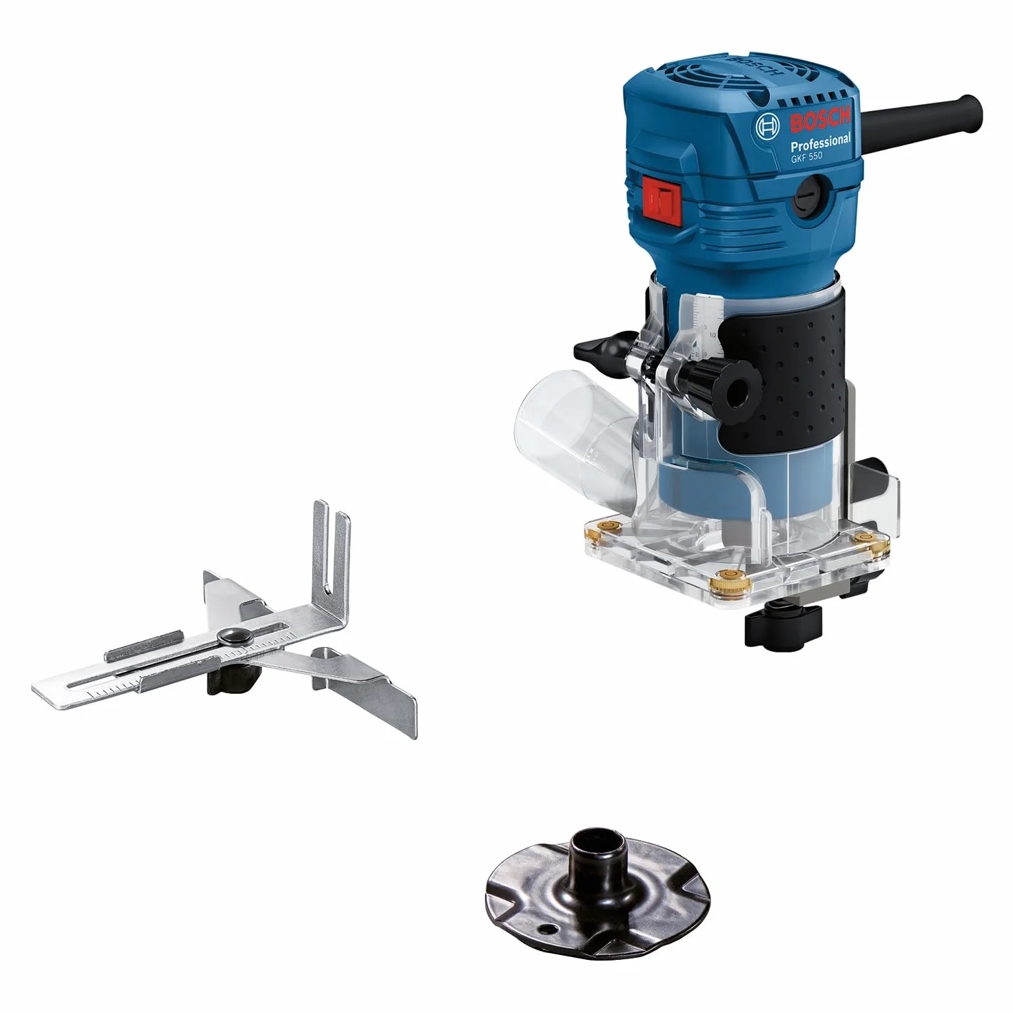 Bosch Professional fresadora de cantos GLF 55-6 (motor de 550 W girando a 33 000 rpm., incl. 2 llaves de una boca, 1 recogedor, tope paralelo, rodillo de corte al ras)