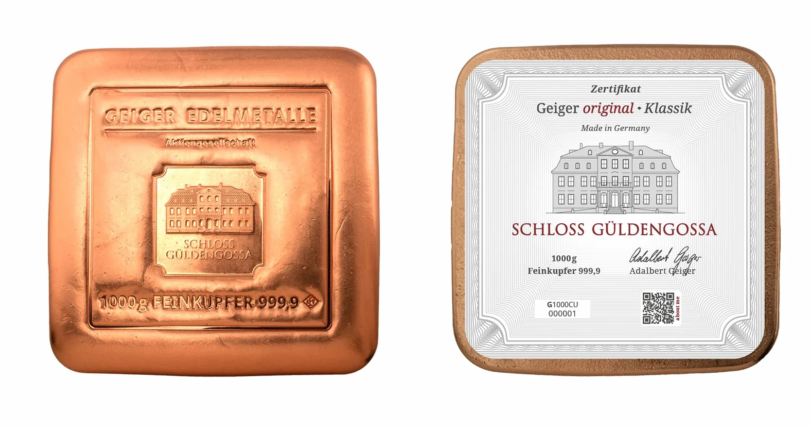 Lingote de cobre de 1 kilogramos de refinería de metales precisosos Geiger Edelmetalle (Alemania))