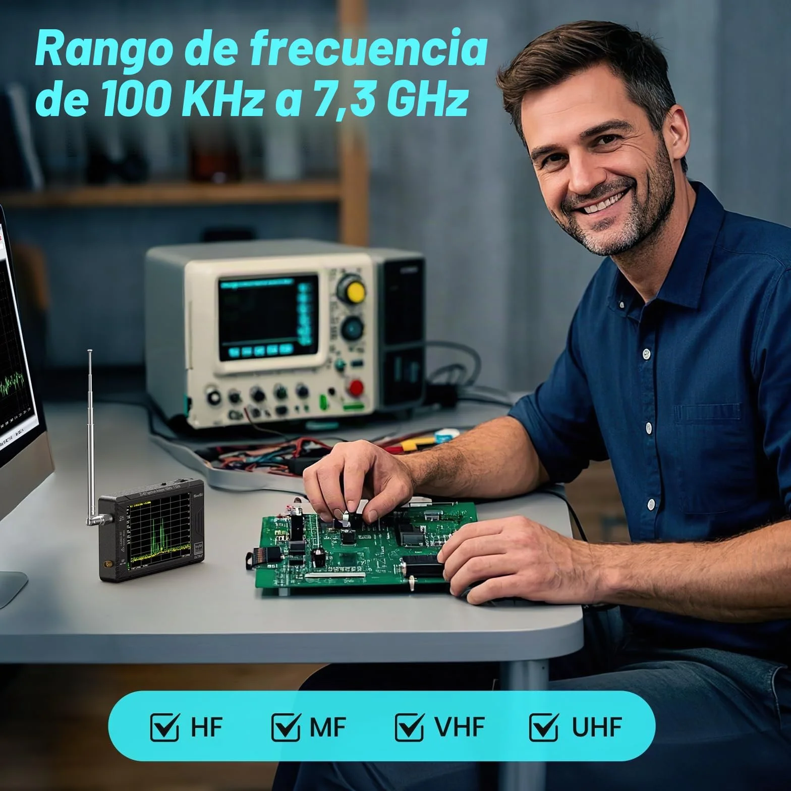 SeeSii TinySA Ultra+ ZS407 Analizador de Espectro 7,3 GHz: Versión 2025, Pantalla 4", HW V0.5.4, Portátil, Generador RF 2 en 1 100 kHz–900 MHz, Entrada MF/HF/VHF/UHF