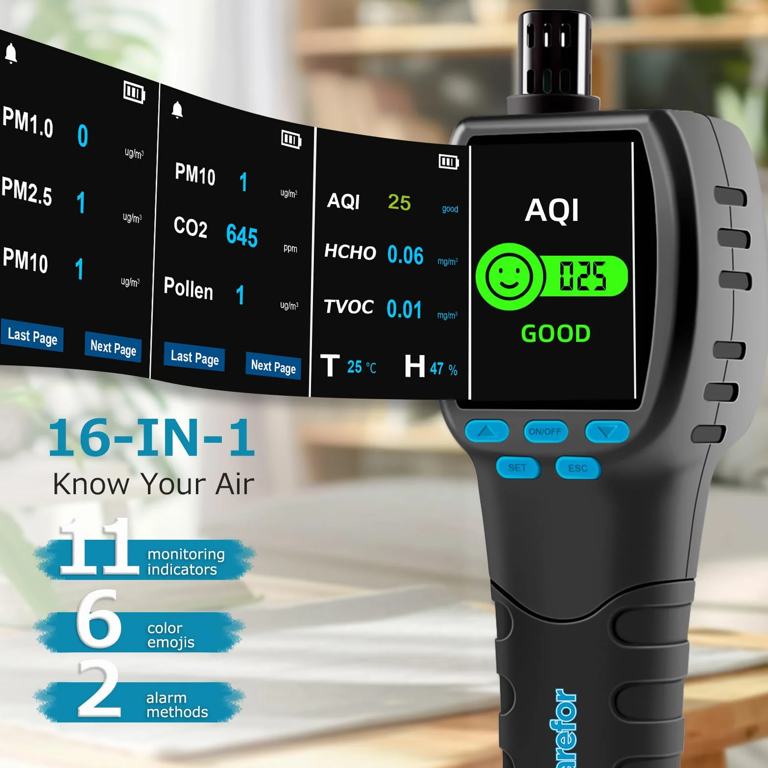 CF‑60 PP Monitor de Calidad del Aire portátil con gráficos de Datos en el Dispositivo e informes exportátiles, Detector portátil 16 en 1 para AQI, CO₂, TVOC, HCHO, PM2.5/10/1.0, Polen, etc