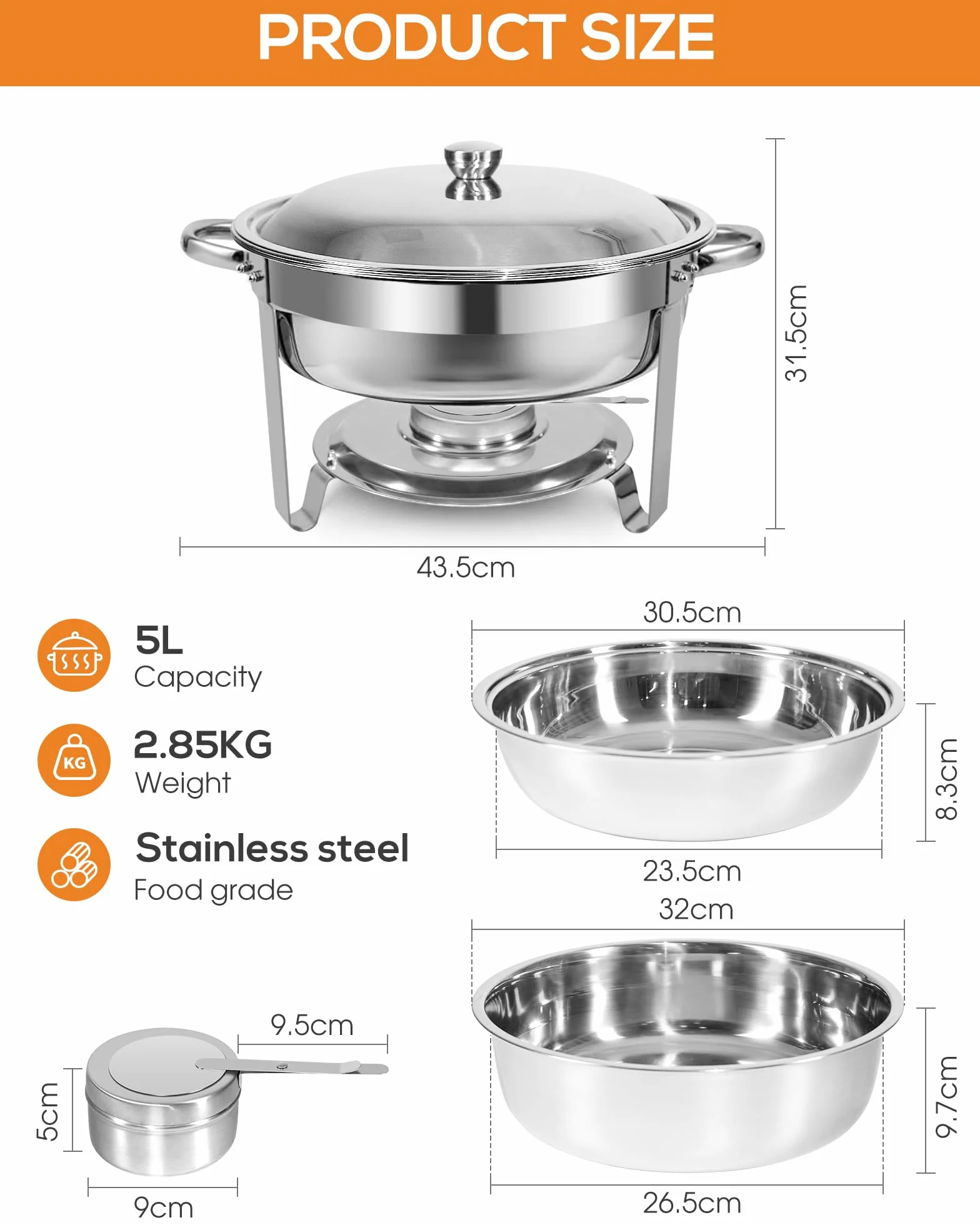 Chafing Dish Buffet Set 5L 2 Fuentes Redondas Acero Inoxidable Grado Alimentario Borde Enrollado Seguro Porta Tapas Acabado Espejo Calentador Alimentos