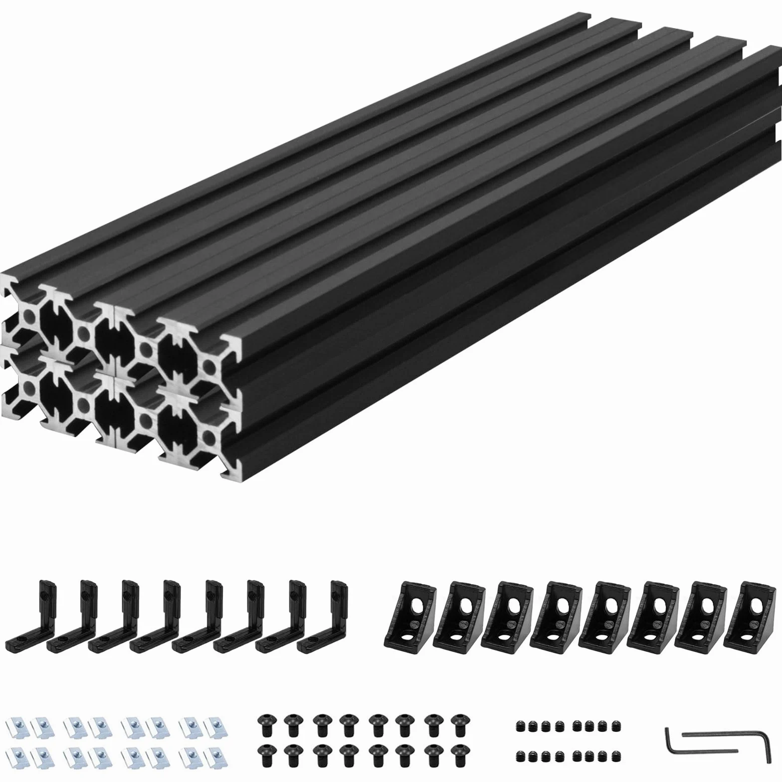 Juego de 8 piezas de extrusión de aluminio con ranura en V 2020 de 700 mm, color negro con soportes de conector 2020 y perfil de aluminio anodizado estándar europeo para piezas de impresora 3D