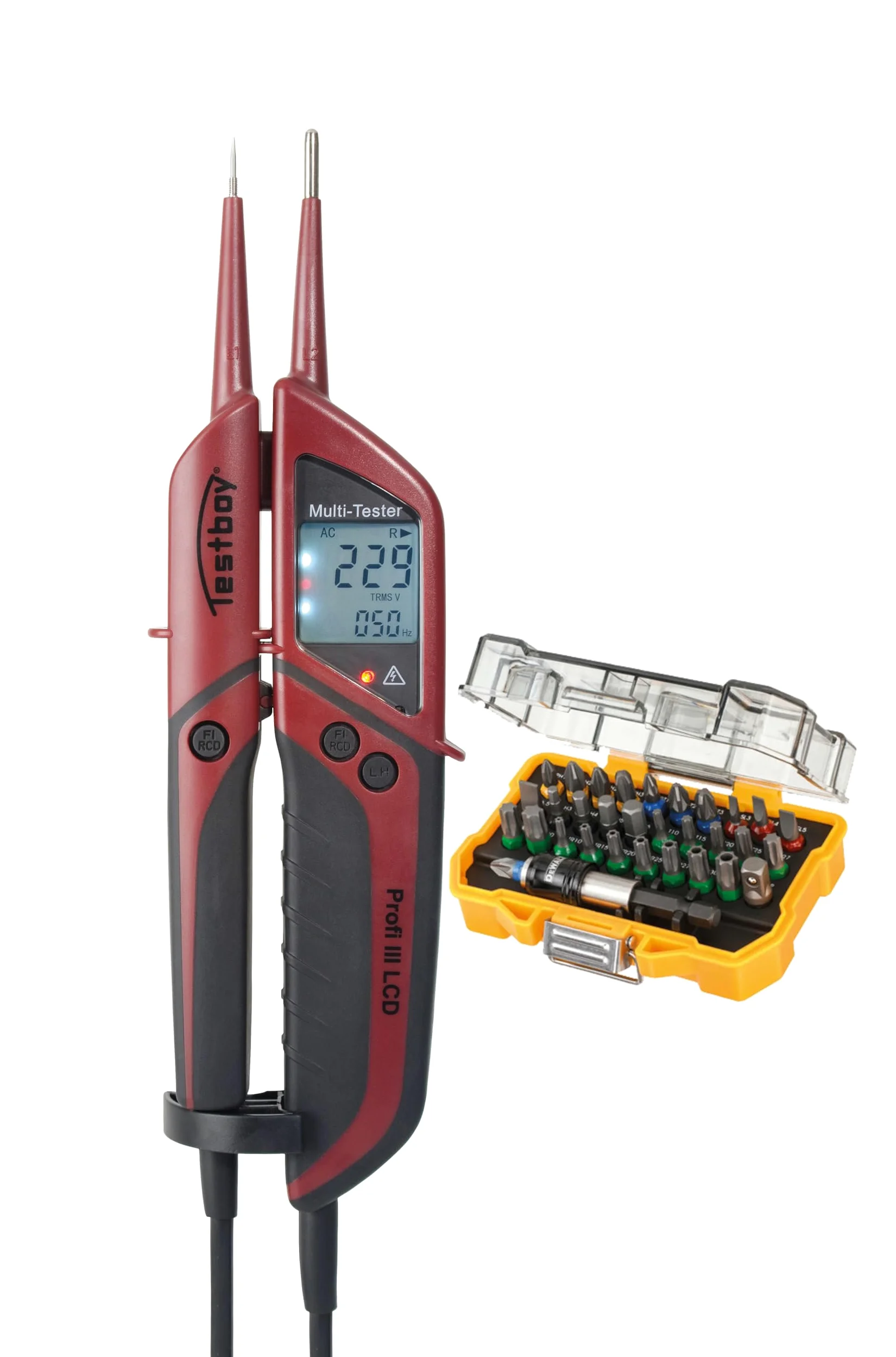 Set promocional Testboy Profi III LCD con juego de puntas DeWalt, comprobador de tensión bipolar (comprobación sin contacto con los dedos, CAT IV 1000 V, incl. juego de puntas DeWalt), rojo/negro