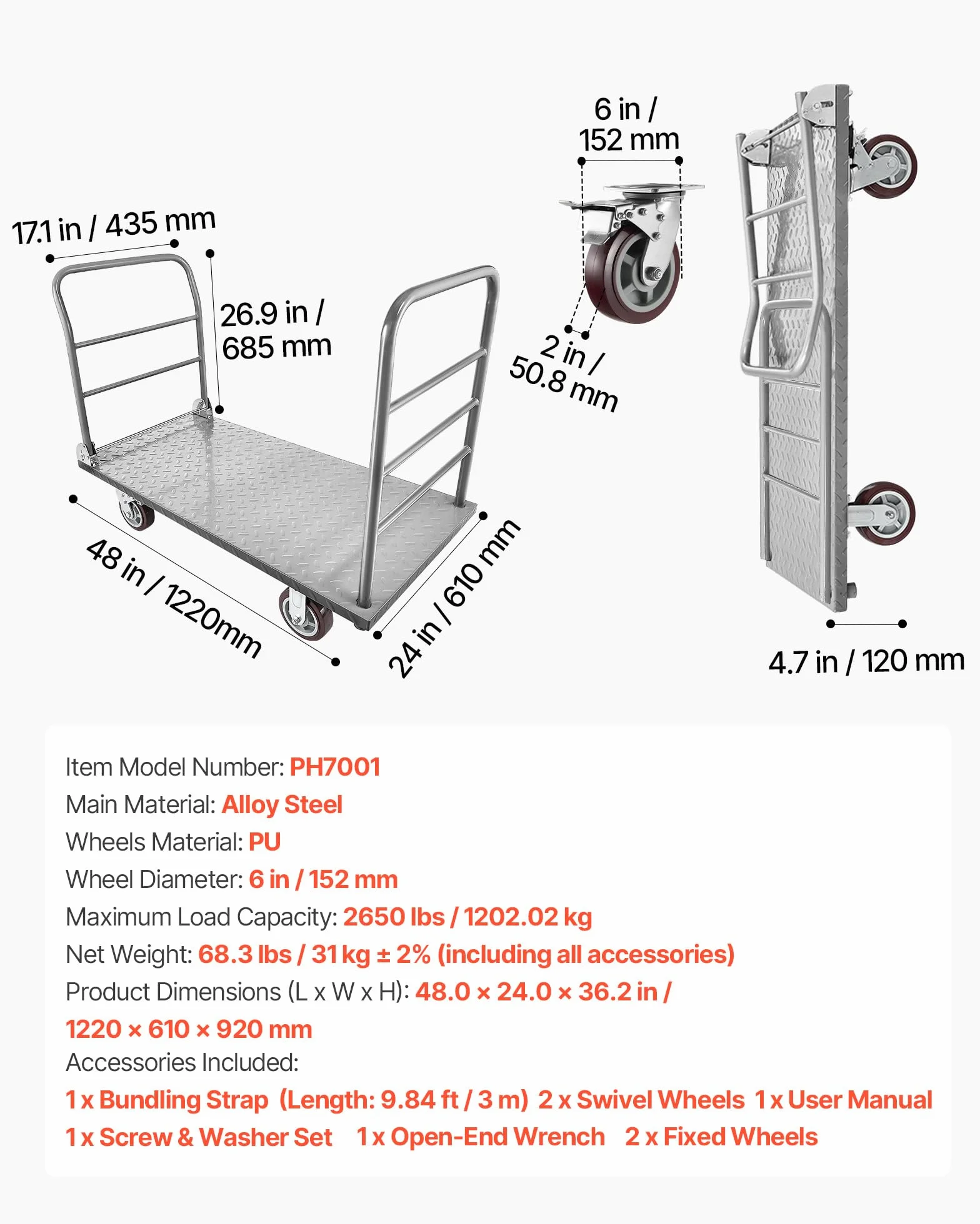 VEVOR Carro Plataforma Plegable de Acero 122 x 61 cm, Carretilla de Transporte Carga de 1202 kg, Carrito Portaequipajes con Plataforma con Ruedas de 152 mm, para Tareas Domésticas, Almacén, Mudanza