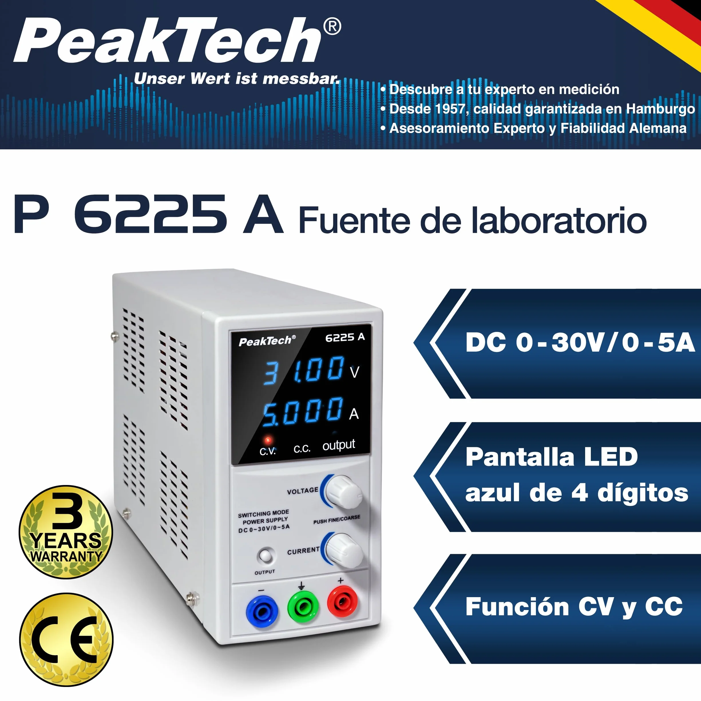 PeakTech 6225 A – Fuente de alimentación 0-30V / 0-5A, ajustable, DC con pantalla LED de 4 dígitos, conmutación estabilizada, amperímetro, sobrecarga y prueba de cortocircuito, diseño estrecho