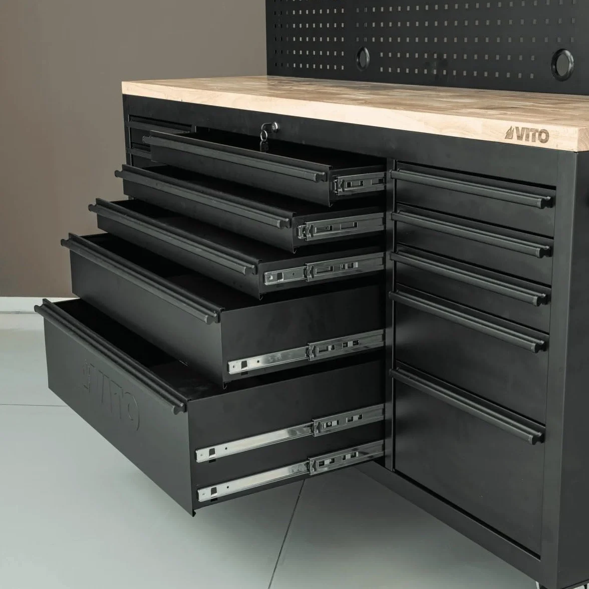 VITO Banco de Trabajo sobre Ruedas 182x51x186 cm 15 Cajones Encimera de Madera 500 kg
