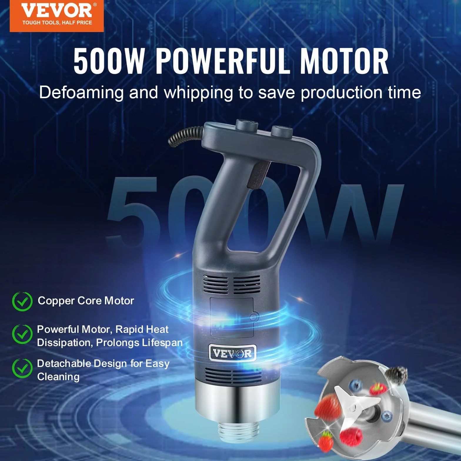 VEVOR Batidora de Mano Comercial 500W Batidora de Mano de Inmersión Eje de 406 mm Batidora Portátil de Velocidad Continuamente Variable con Hoja de Acero Inoxidable para Sopa Salsa Puré Crema