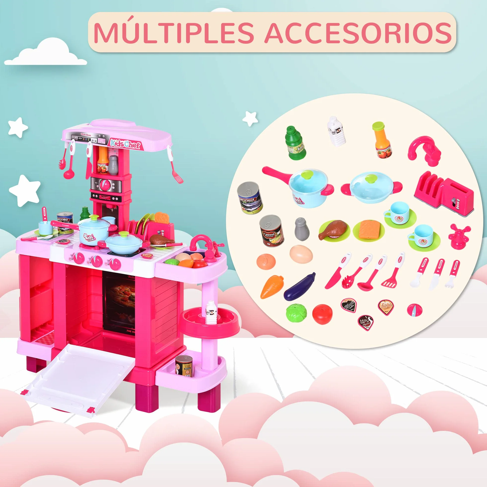 HOMCOM Cocina de Juguete para Niños 38 Accesorios Luz Sonido 78x29x87 cm Rosa