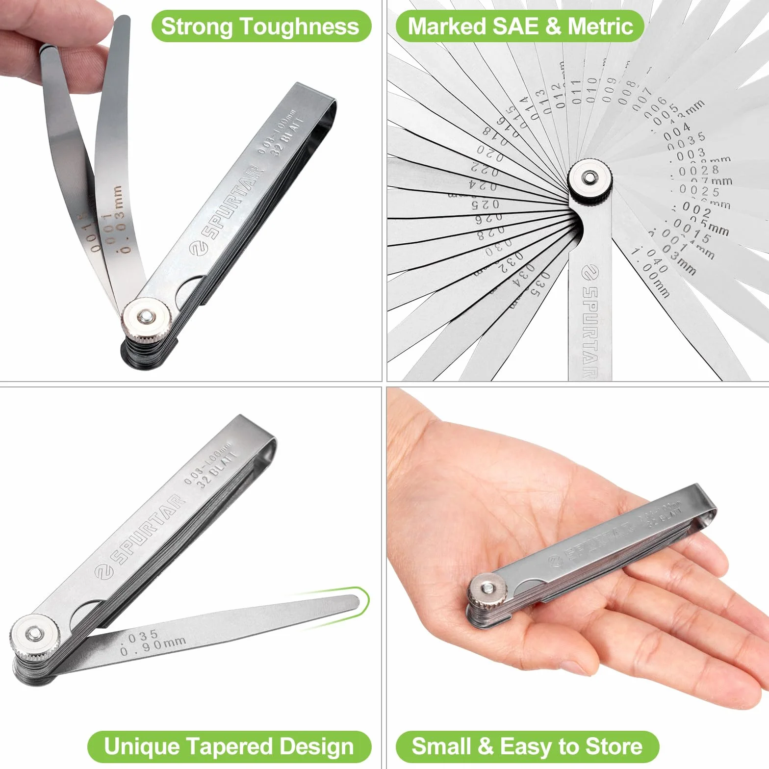 Spurtar Galgas de Espesores 32 Cuchillas 0,03-1,00mm/0,001-0,04" Dobles Métrica Imperial Herramienta