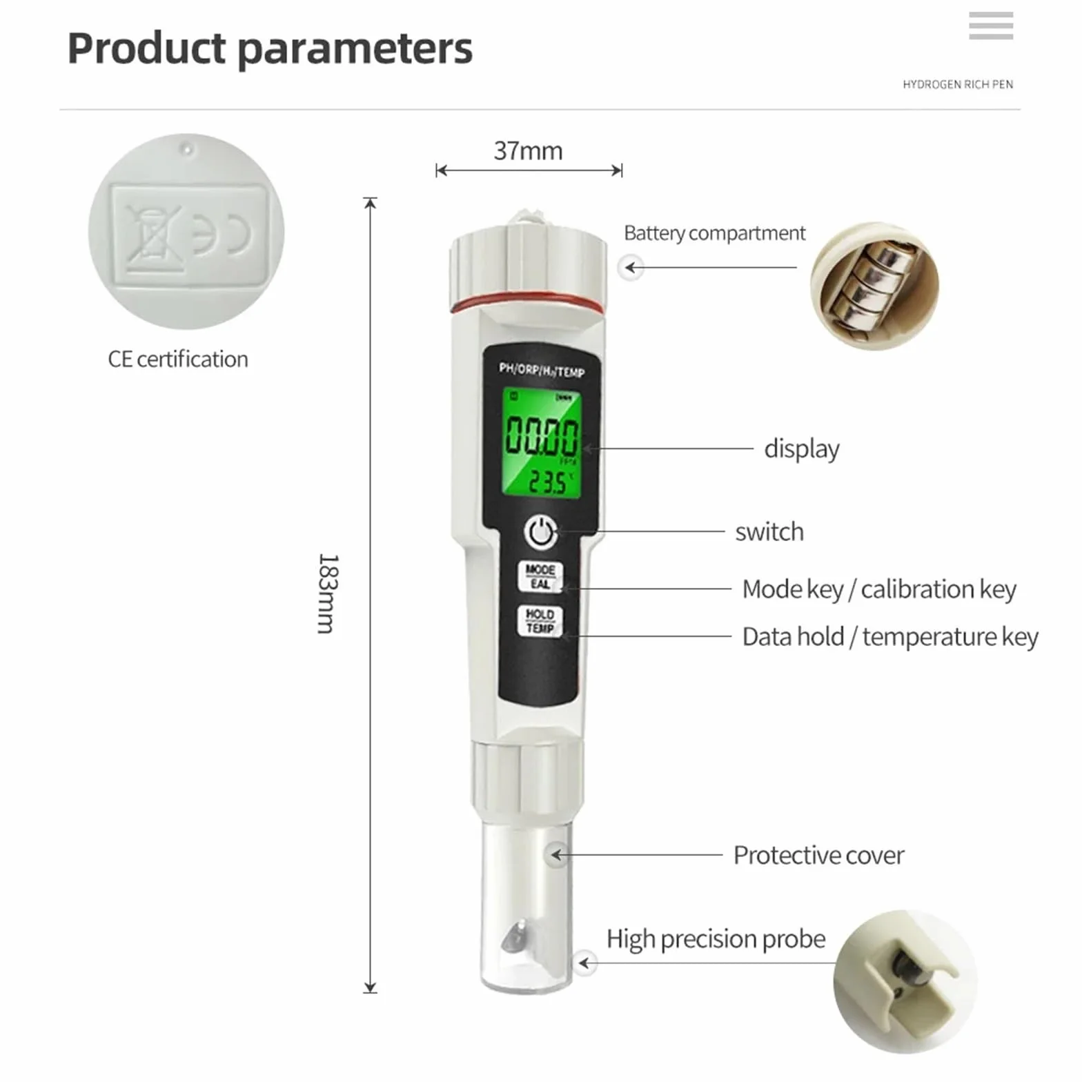 Medidor de PH, Medidor de pH 4 en 1, probador de hidrógeno enriquecido, retroiluminación, ORP, H2, TEMP, bolígrafo de prueba portátil, detector de calidad del agua for piscinas y acuarios.