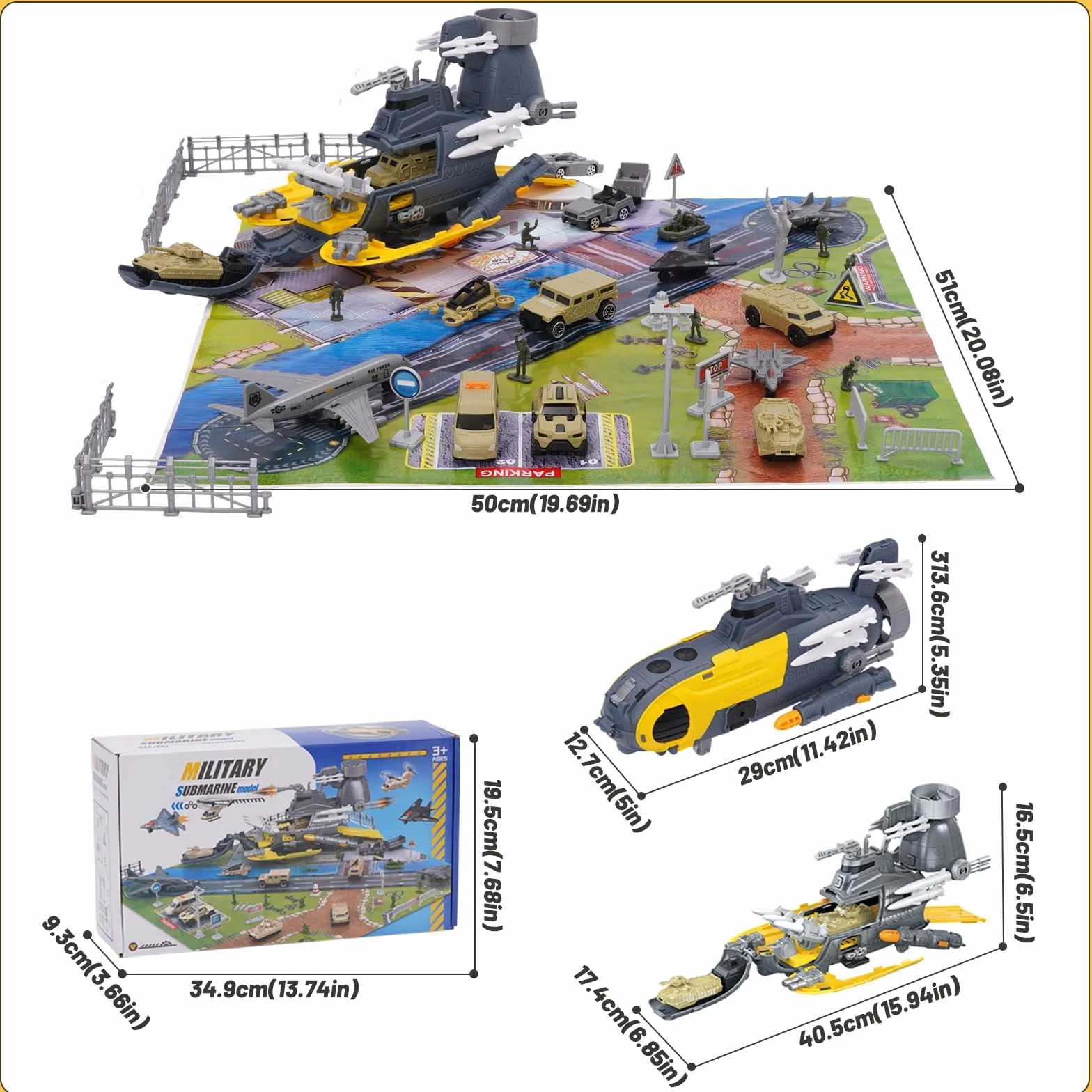 Submarino Militar Juguete Marino con 18 Transportes, Alfombrilla de Juego y Avión Portaaviones para Niños 3+