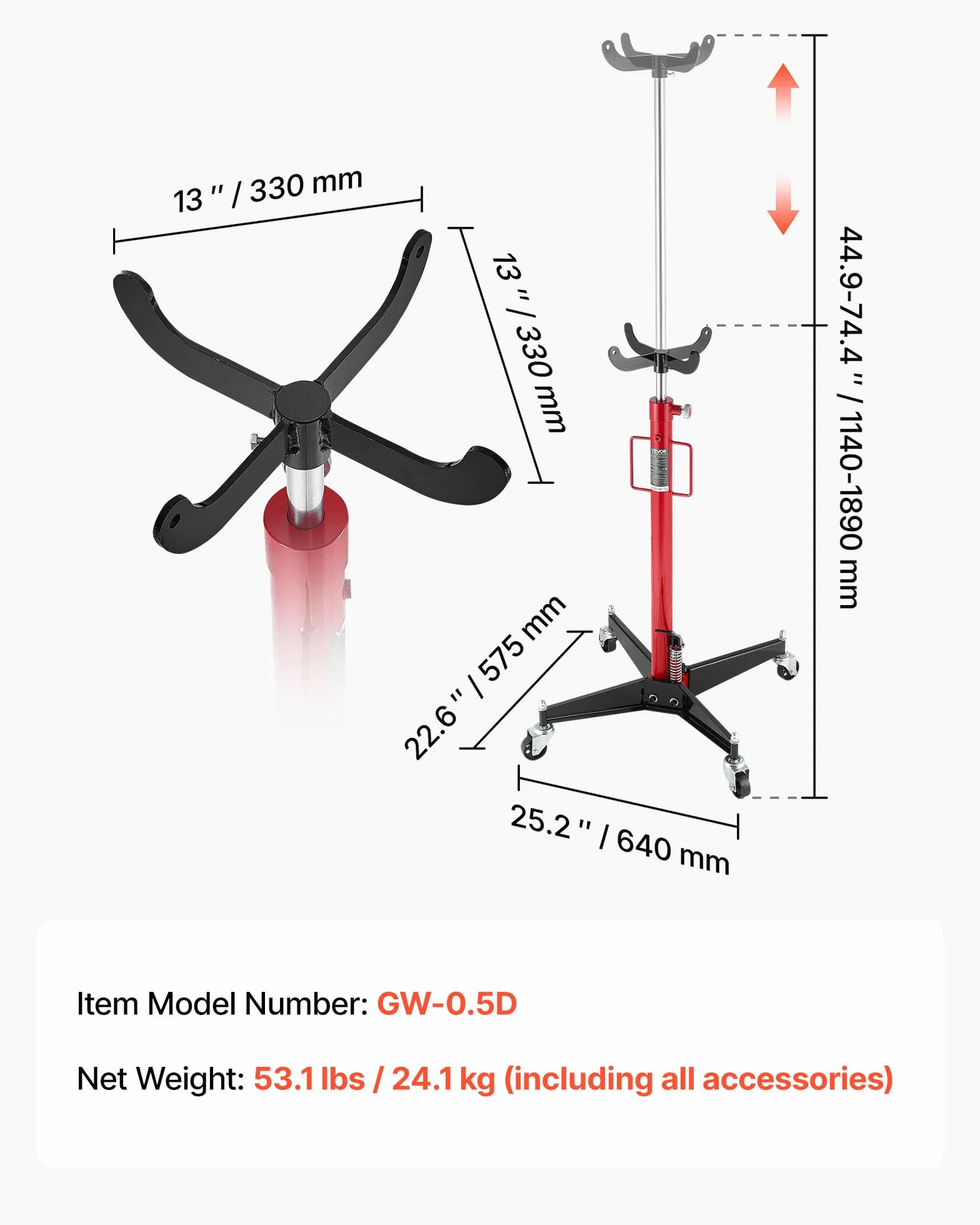 VEVOR Gato Hidráulico para Coche, con Capacidad de Elevación 500 kg, con Pedal, Rueda Giratoria 360°, Altura de Elevación 112-187 cm, para Taller/Garaje, Rojo y Negro, 640 x 575 x 1140–1890 mm