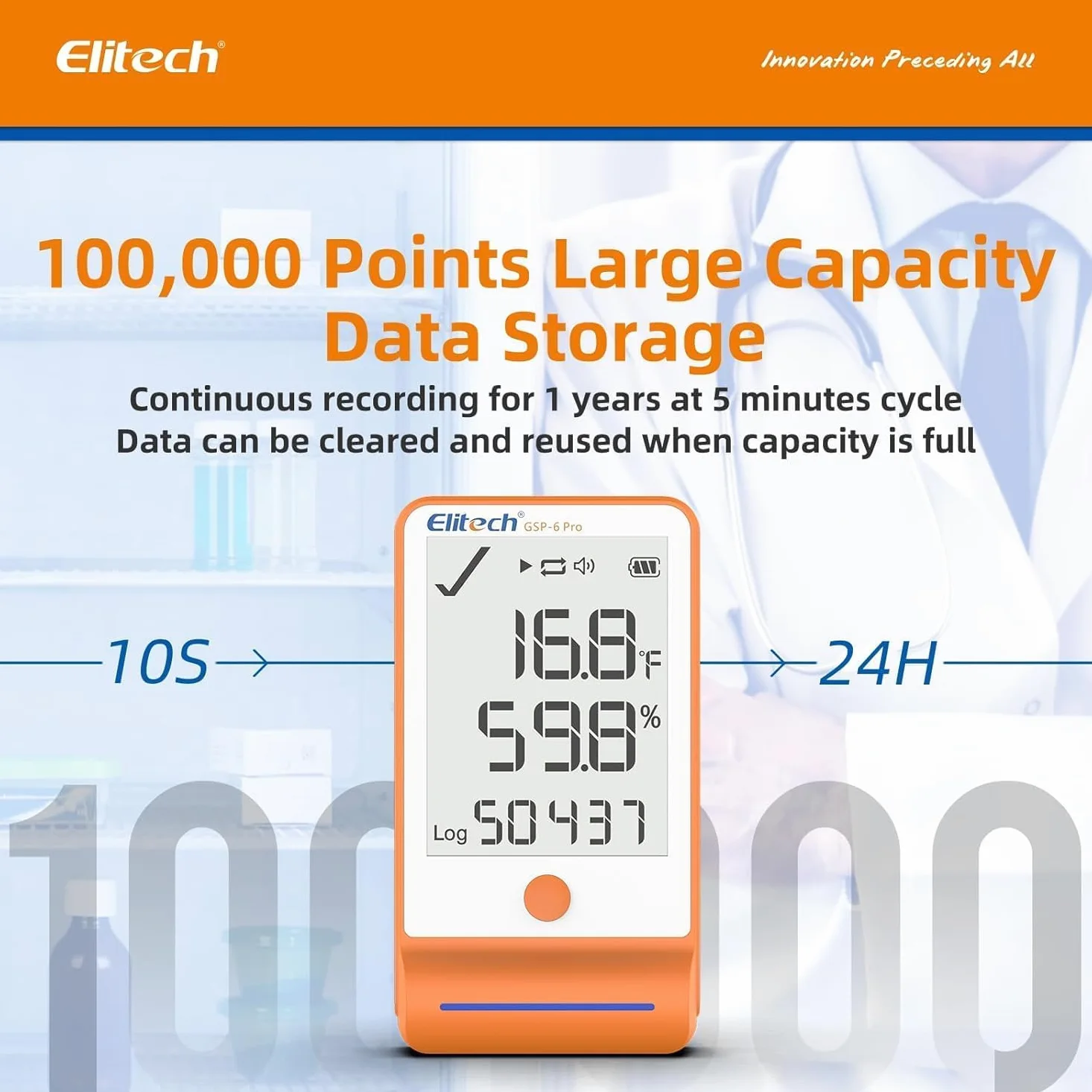 Elitech Registrador de Temperatura Bluetooth con 2 Sondas de Congelamiento con Shadow Data, Informe PDF CSV 100.000 Puntos, Certificado de Calibración para Refrigerador de Farmacia, MAX MIN AVR MKT