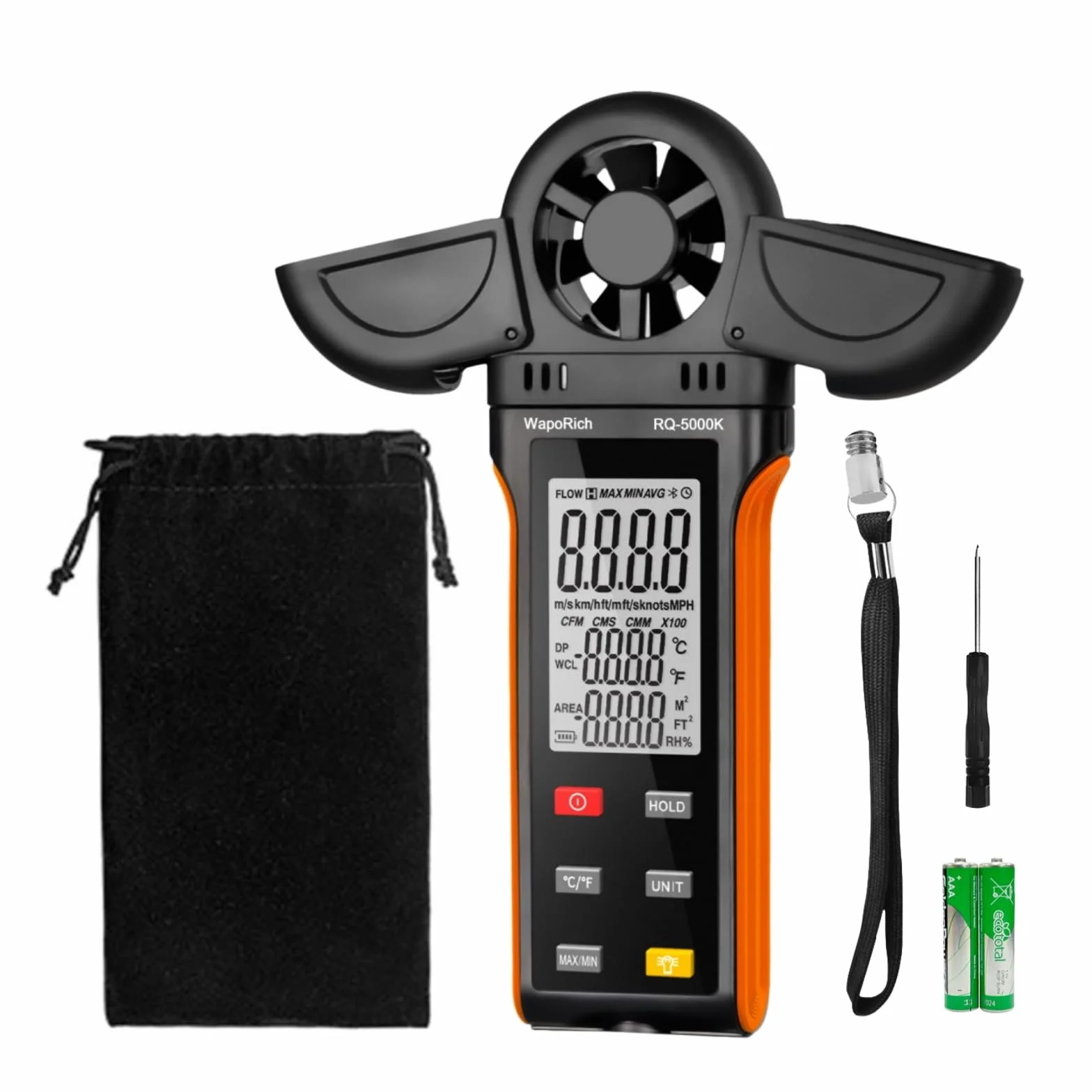 Anemómetro digital WapoRich RQ-5000K portátil medidor velocidad viento humedad temperatura MAX/MIN/AVG