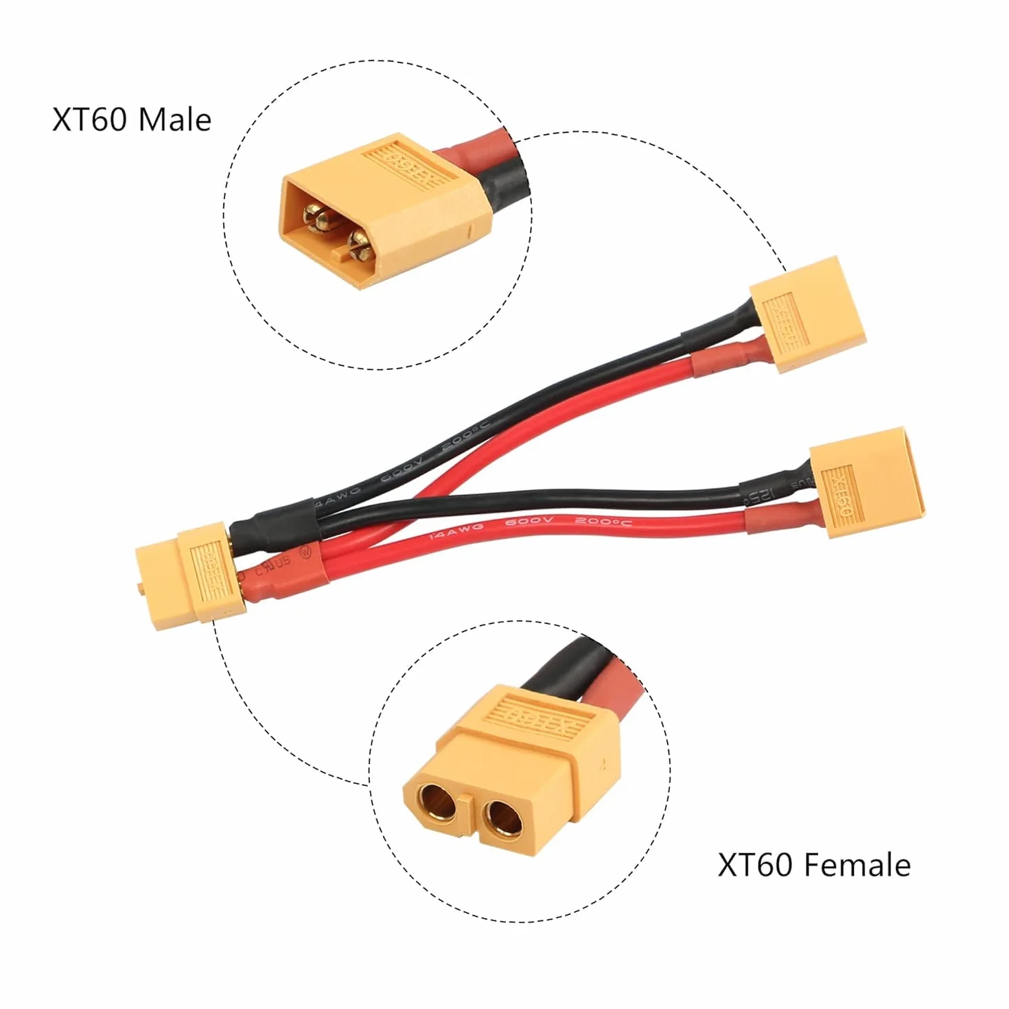 XT60 Adaptador de conector de batería paralelo Y Splitter 1 macho a 2 hembras Cable 14 AWG para RC Quadcopter