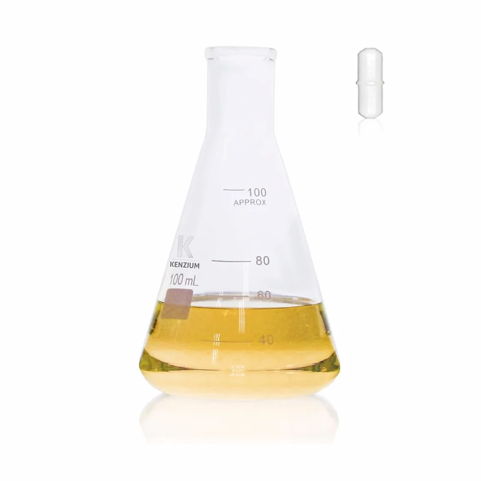 KENZIUM - Pack 6 x Matraz Erlenmeyer + 6 x Varilla Magnética de Agitación | 100 ml | Vidrio Borosilicato 3.3 | con Graduación Impresa | Boca Estrecha | Ideal Laboratorio y Educación