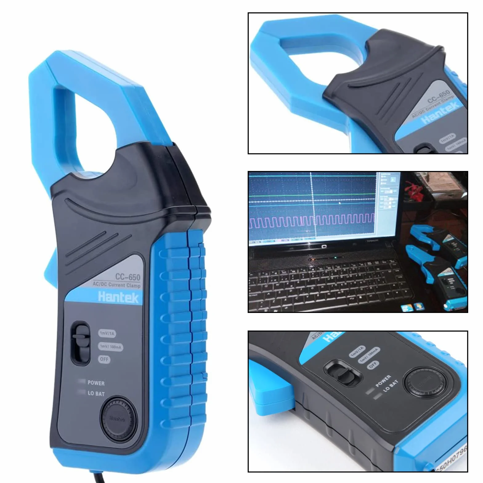 Hantek CC650 Pinza de corriente CA/CC ancho de banda de 400Hz, 1mV/10mA, Osciloscopios automáticos 650A y DMM, Conector BNC