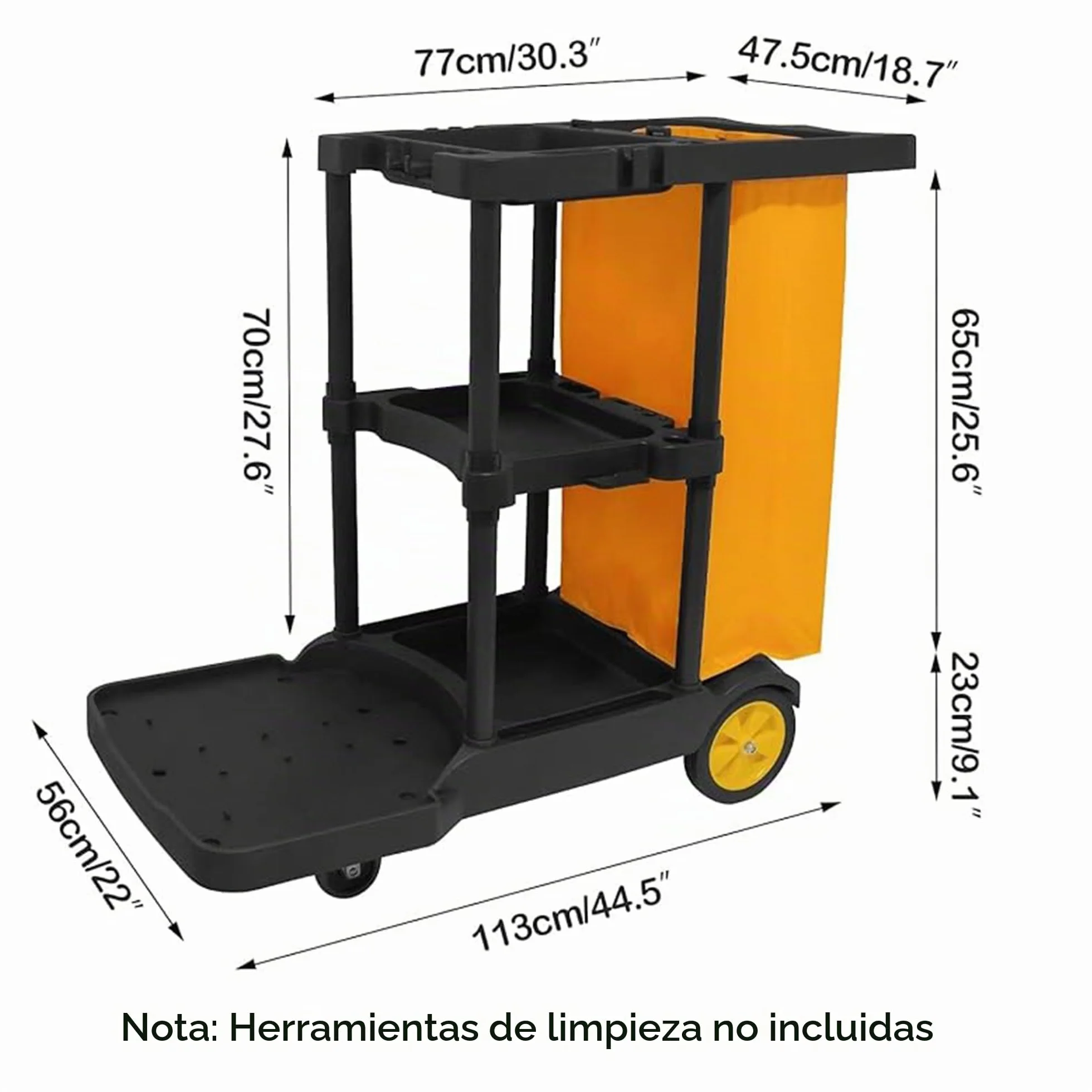 Bimiti Carro de limpieza profesional con bolsa extragrande, 113x56x93 cm, 3 niveles de gran capacidad, carrito de limpieza, bolsa de basura de 65 L, amarillo y negro