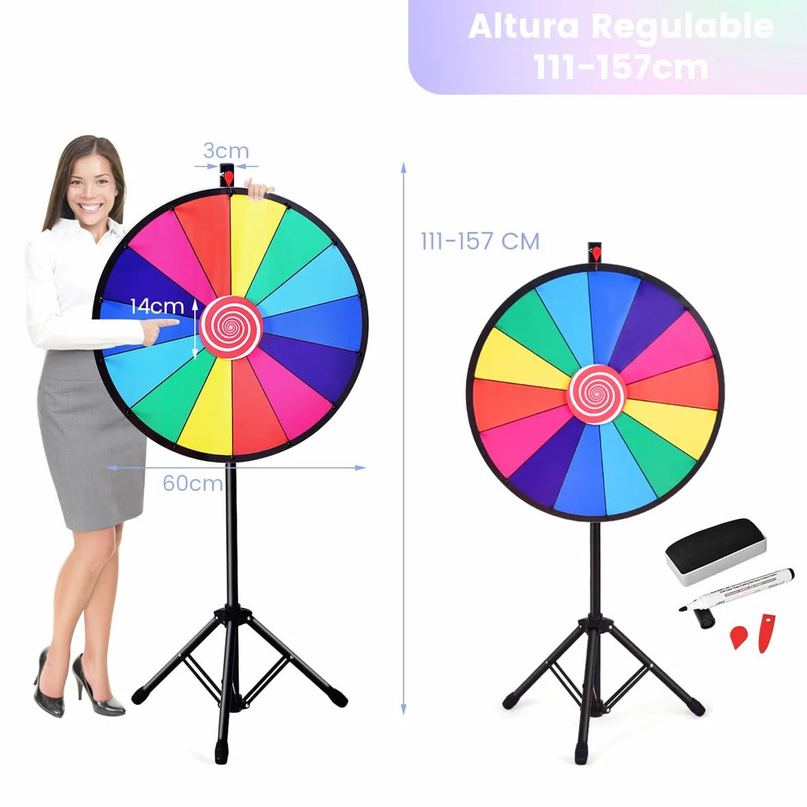 RELAX4LIFE Ruleta de la Suerte 60 cm 14 Ranuras Altura Ajustable 111-167 cm Rueda de la Fortuna con Soporte de Metal Desmontable