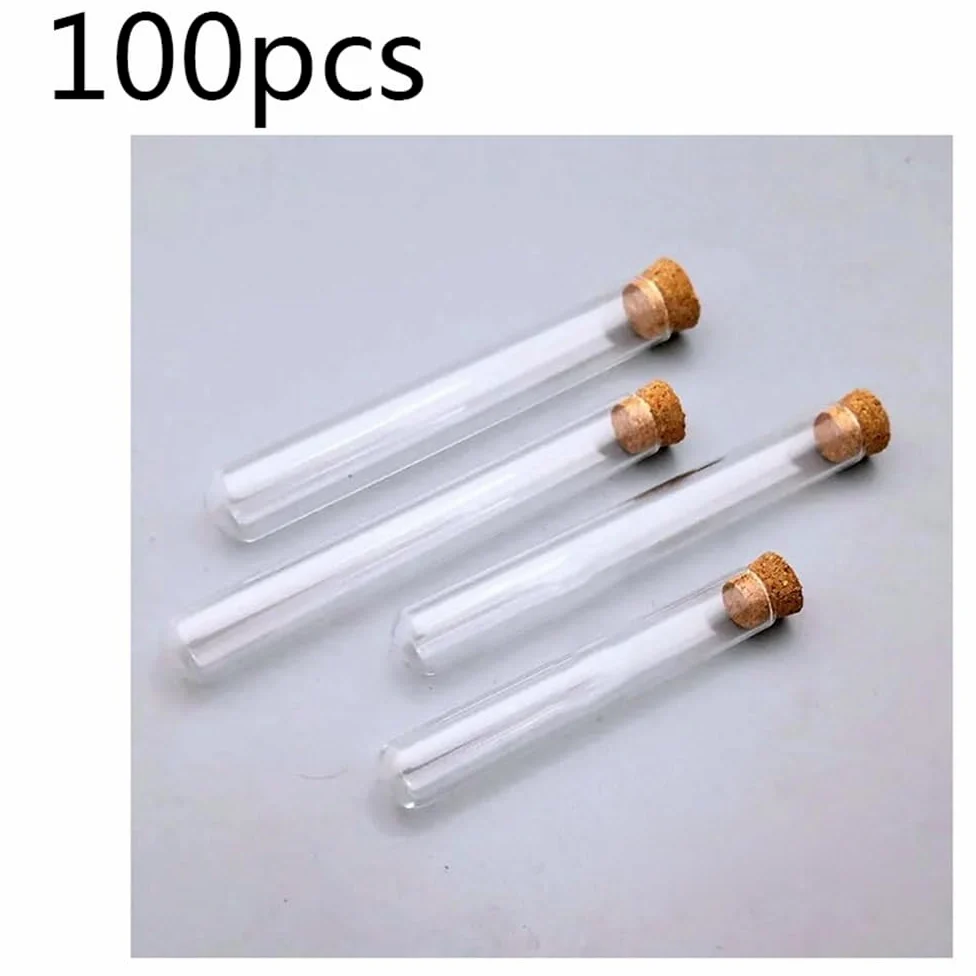 Lote de 100 tubos de ensayo de vidrio transparente con tapón de corcho, fondo redondo, pequeños suministros de laboratorio.(15x150mm)