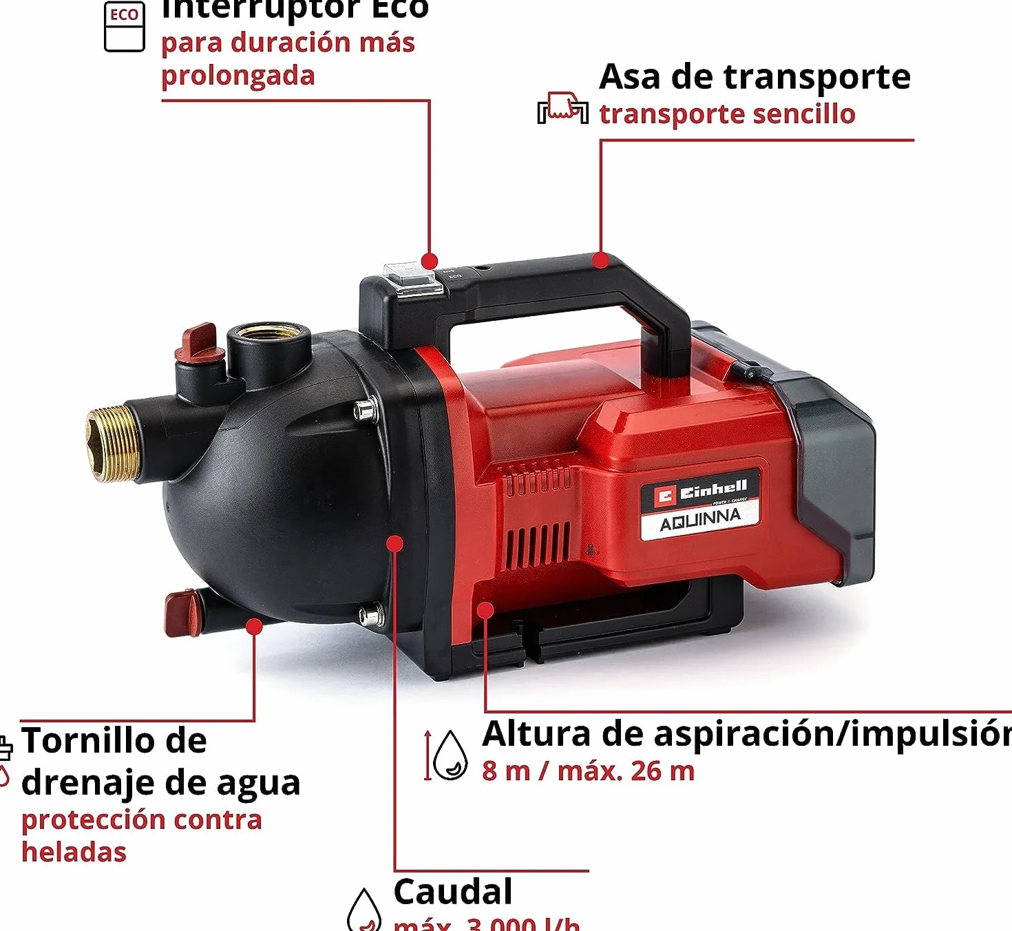 Einhell Bomba de jardín a batería AQUINNA 36/30 Power X-Change (2x 18 V, interruptor ECO de 2 escalones, tornillo de entrada y salida de agua, protección térmica, asa de transporte, sin baterías)