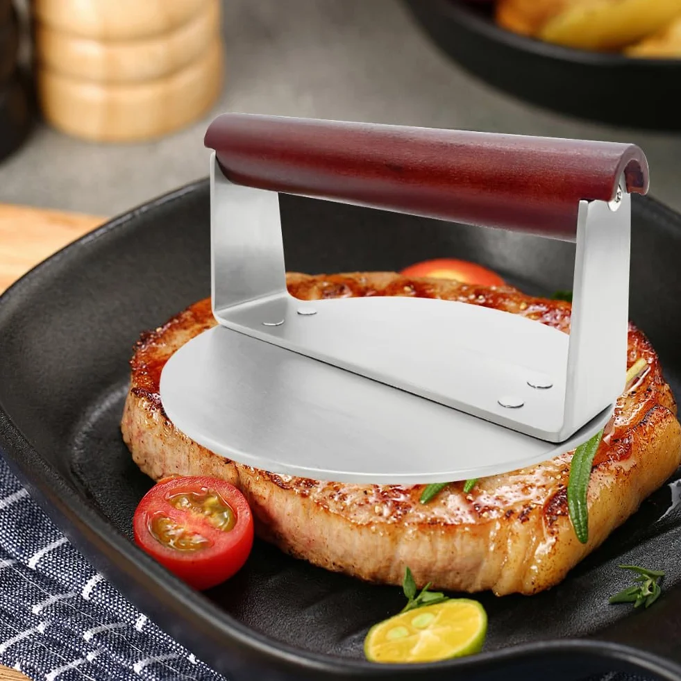 Burger Smasher - Prensa para hamburguesas (21,5 cm, 1,15 kg, acero inoxidable, mango de madera, para carne, hamburguesas, carne, tocino, salchichas, accesorios profesionales para barbacoa (15,2 cm)