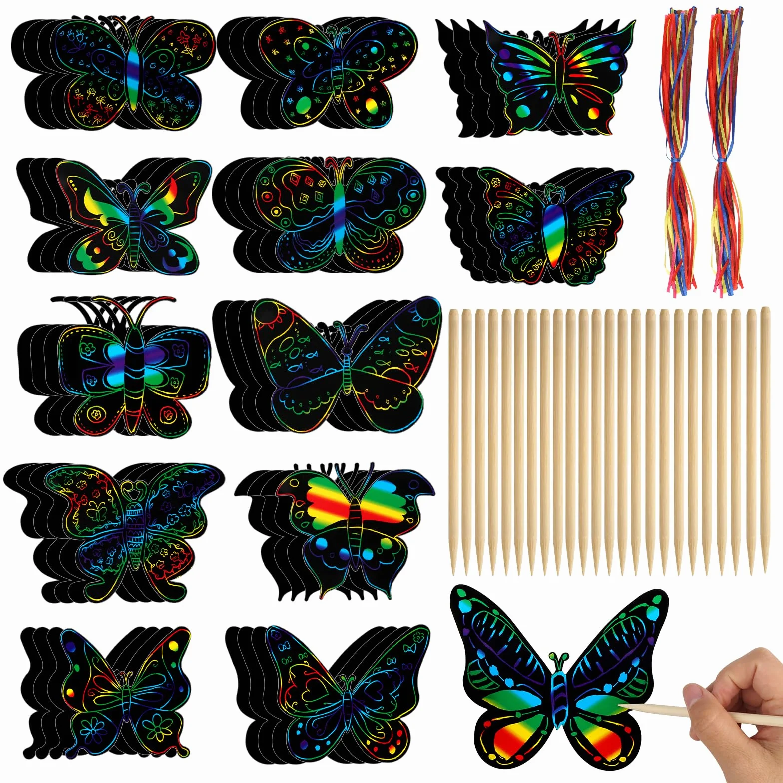 Scratch Art para Niños 48 Piezas Mariposa Arco Iris Papel Mágico Rascar DIY 12 Estilos