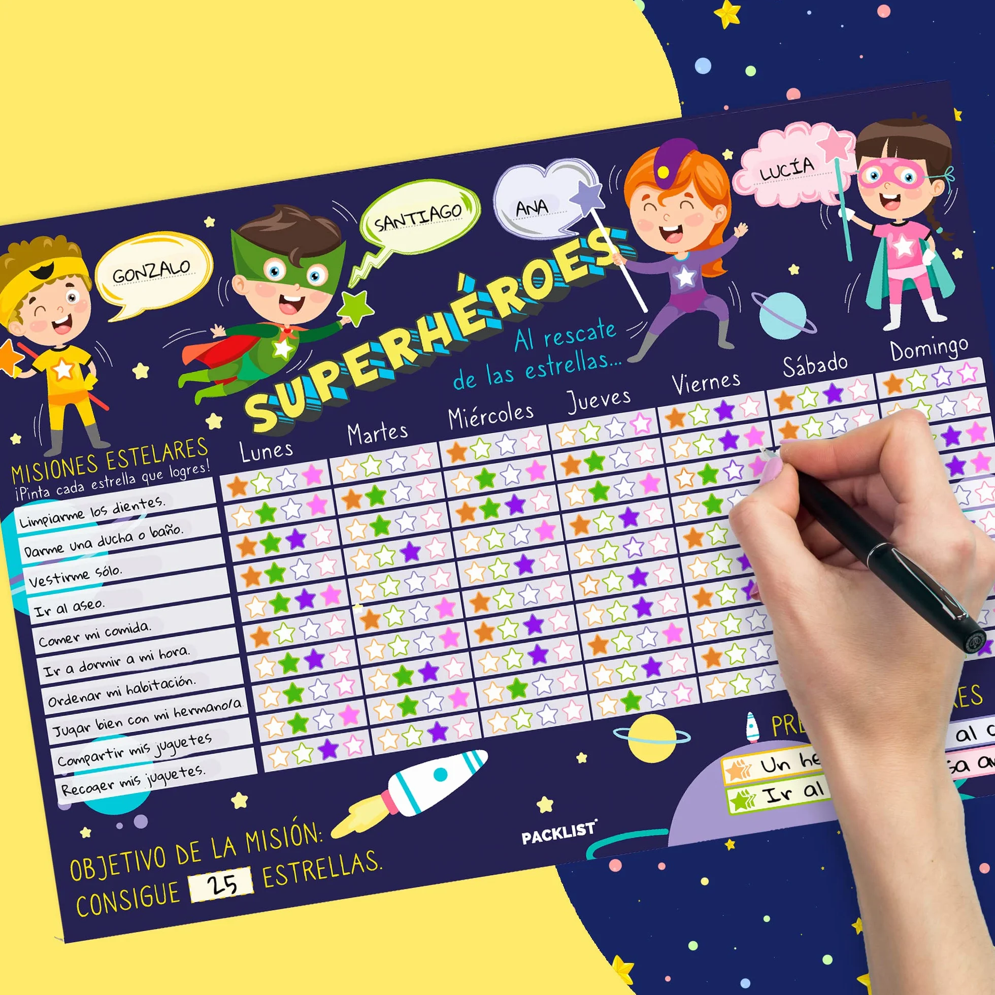 Tabla de Recompensas para Niños en Español - Calendario Semanal Infantil Educativo por Misiones: Superhéroes al Rescate de Estrellas