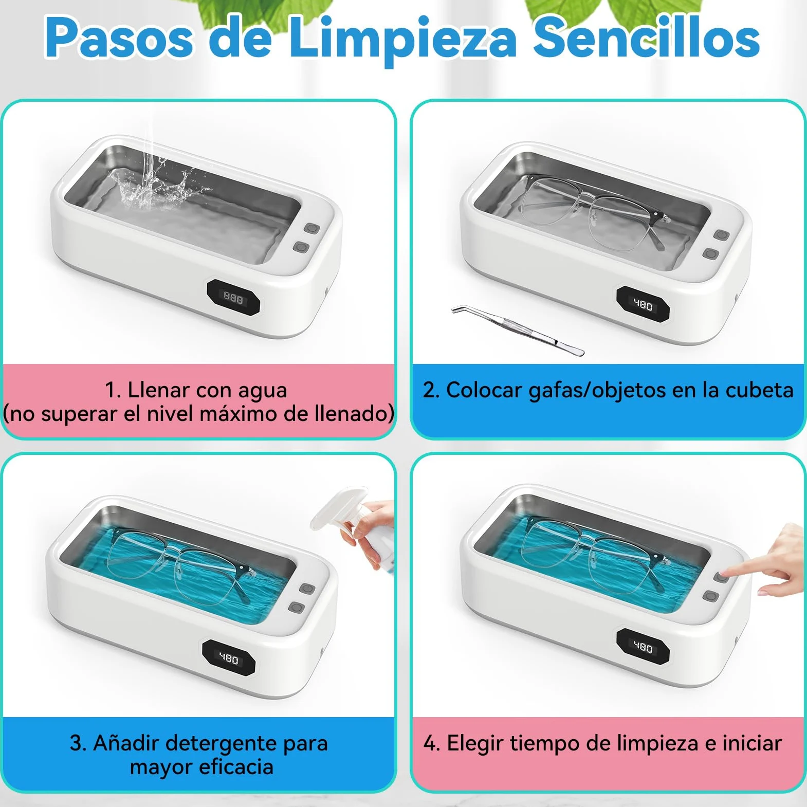 limpiador ultrasonidos 49kHz 640ml, ultrasonic cleaner digital 5 modos | portátil ultrasonidos limpieza para gafas, joyas, dentaduras