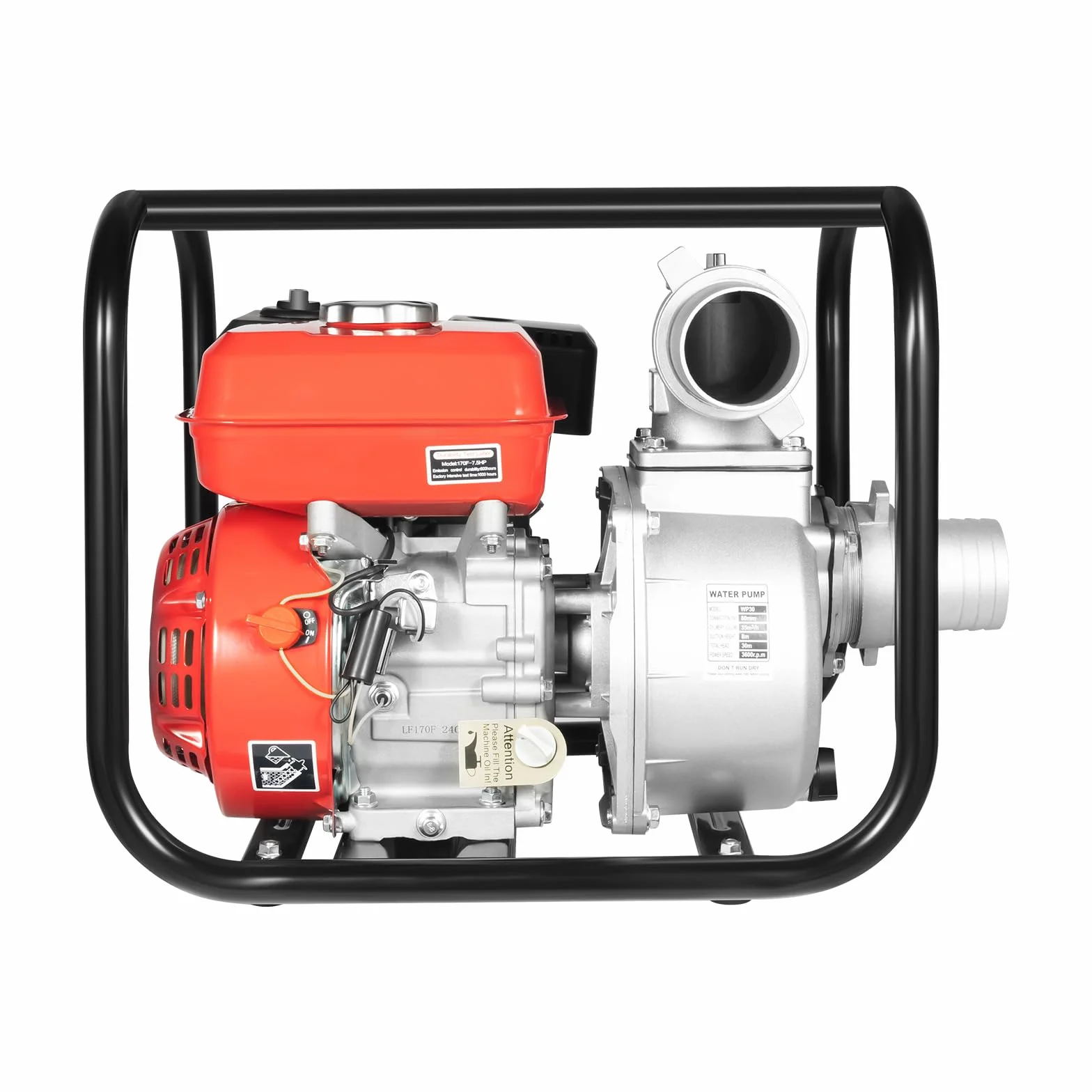 Bomba de agua de gasolina de 3", 7,5 CV, altura de extracción de 40 m, 36.000 l/h, bomba de agua sucia con motor de 4 tiempos y manguera de 7 m, bomba de gasolina, arranque por cable, base de