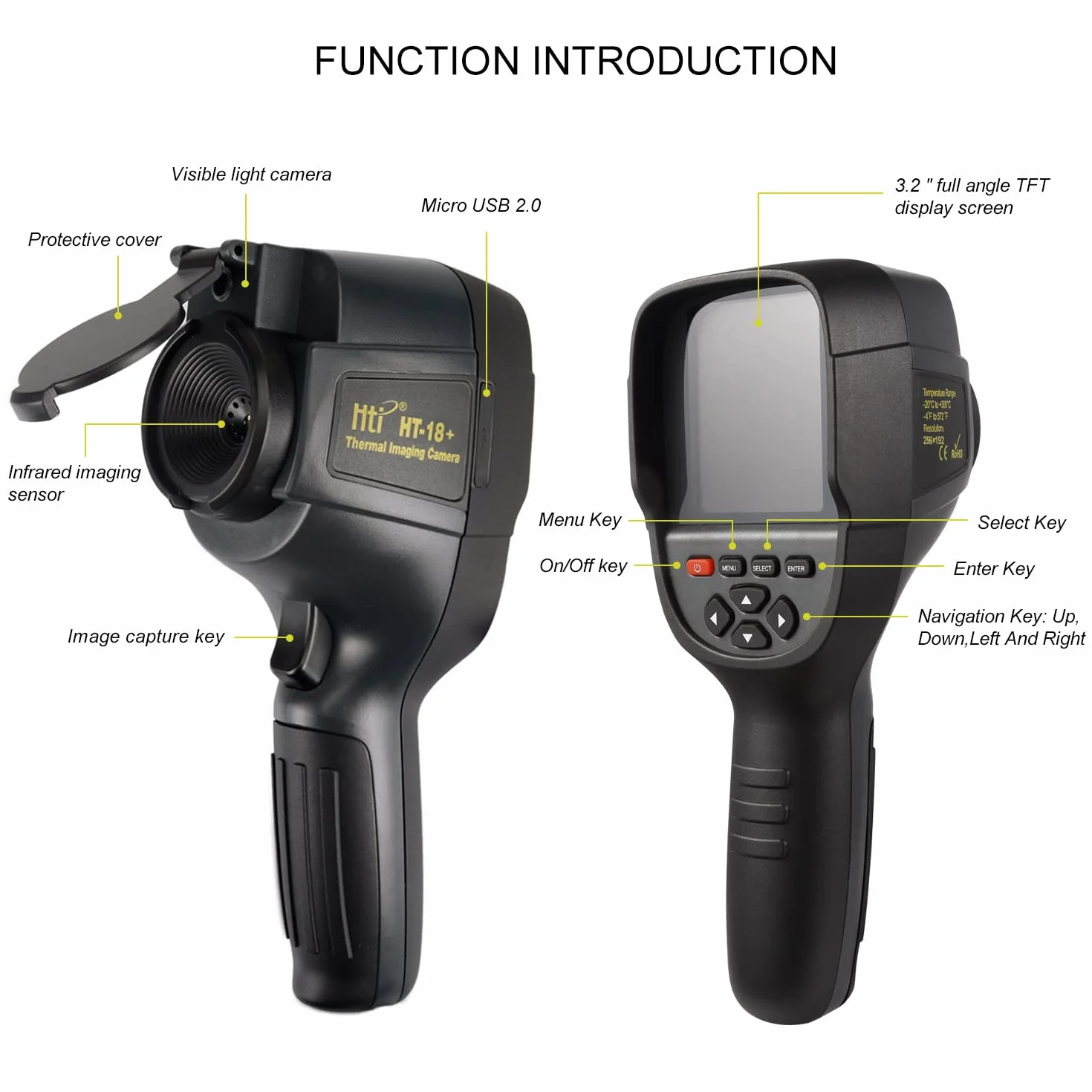 256X192 IR Cámara térmica portátil HT-18+ de alta resolución de HTI con 25 HZ, cámara visible de 300.000 píxeles, pantalla a color de 3,2" de fácil lectura, batería incluida