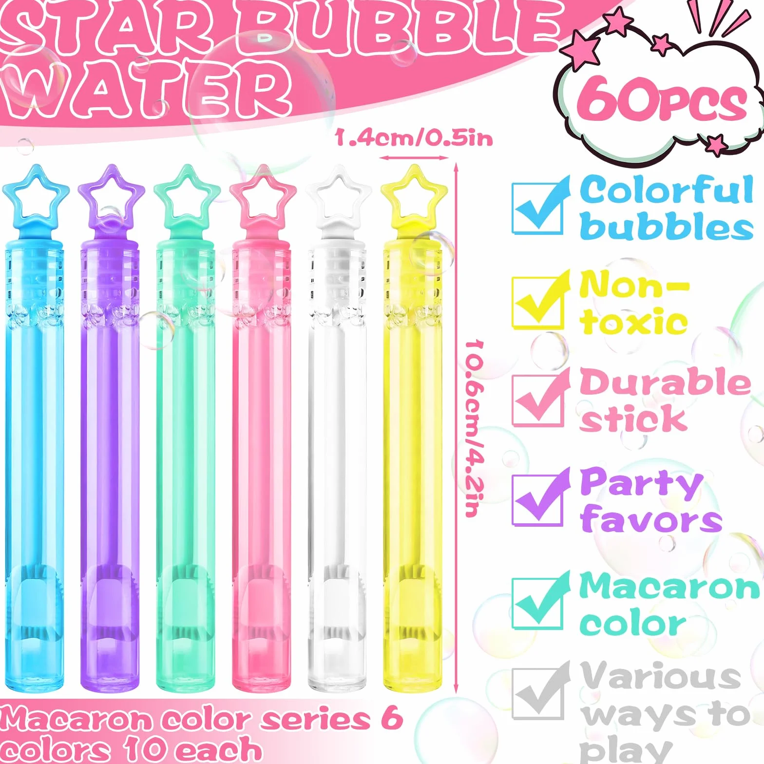 Mini Pompas de Jabón 60 Pcs, Varitas de Burbujas para Niños, 6 Colores