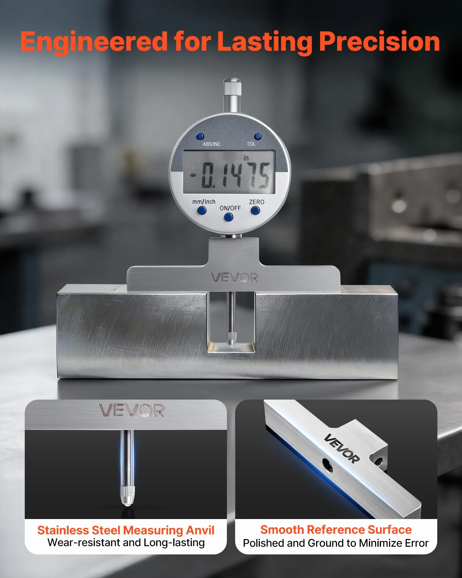 VEVOR Medidor de Profundidad de Alta Precisión, Rango de Medición de 0 a 558,8 mm, Resolución de 0,01 mm, Kit de Indicador Digital con 6 Varillas 4 Yunques, Herramienta para Ranuras Escalones Agujeros
