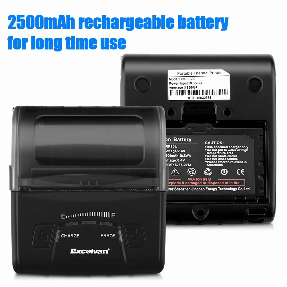 EXCELVAN E300 - Impresora Térmica de Recibos y Billetes (Bluetooth Inalámbrica, Portátil, USB, 90Mm/seg, 80mm, ESC/POS, para Pos Terminal Punto de Venta), Negro